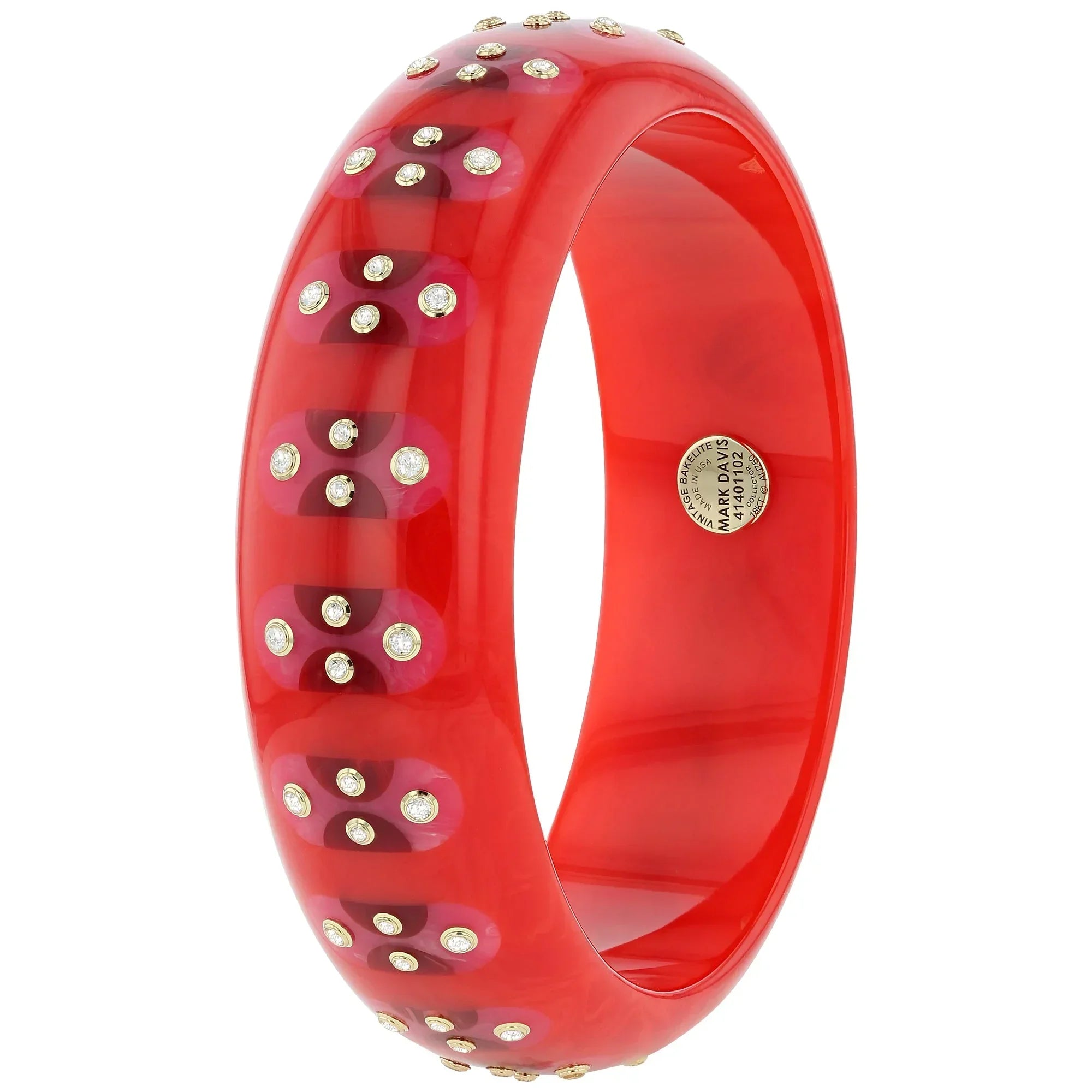 Adler Bangle | Bright red bakelite with inlay and stones.