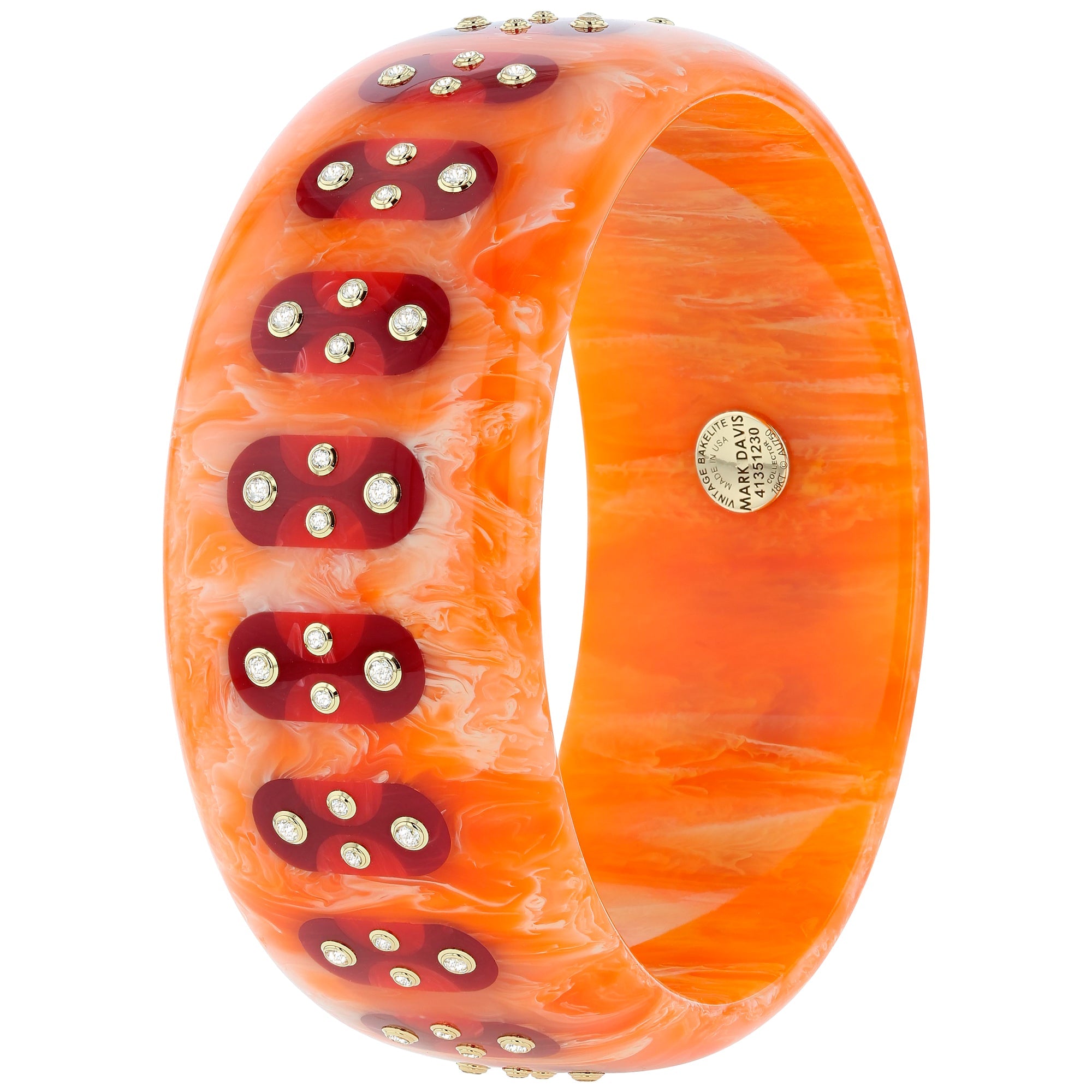 Adler Bangle | Brilliant orange bakelite with inlay and stones.