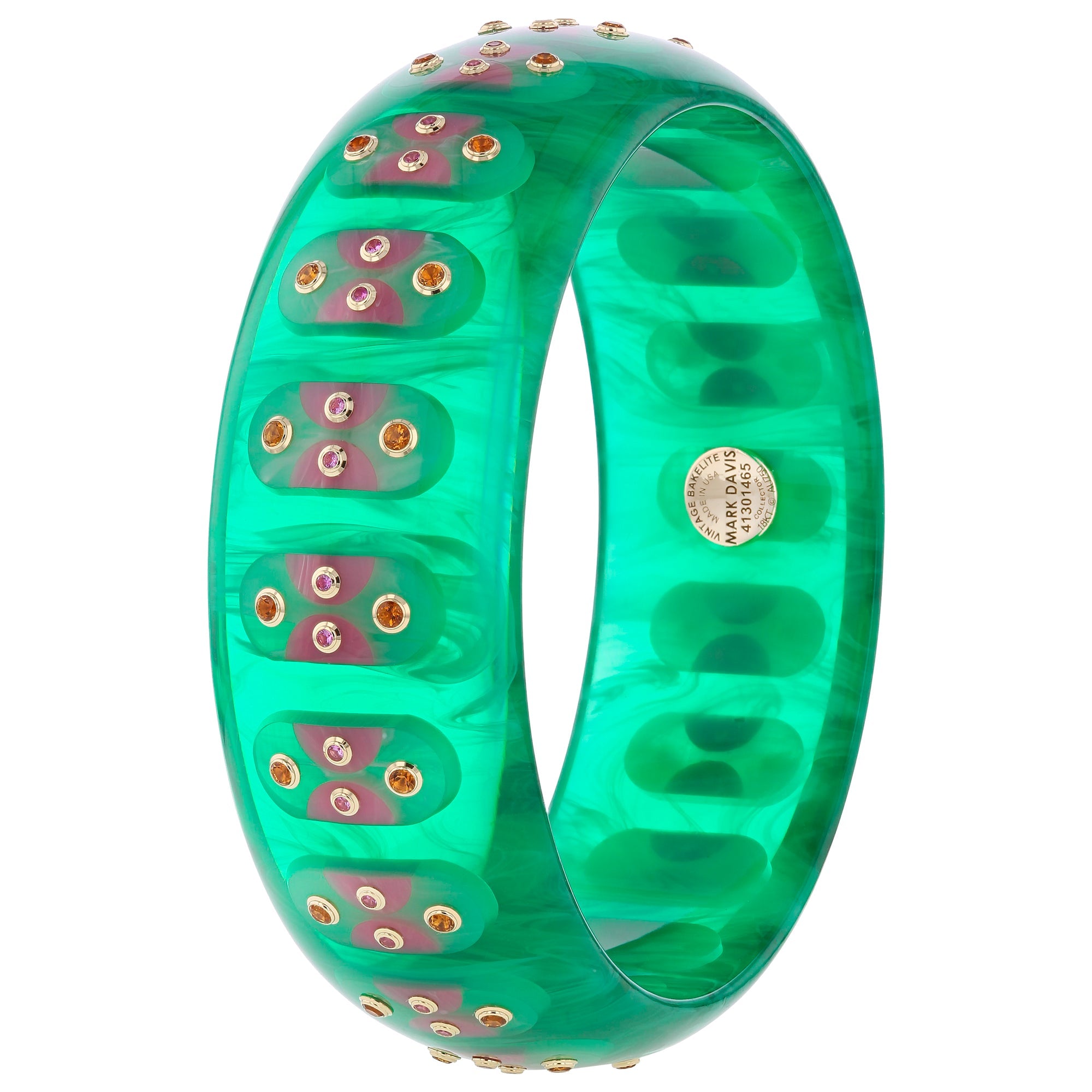 Adler Bangle | Vivid green bakelite with inlay and stones.