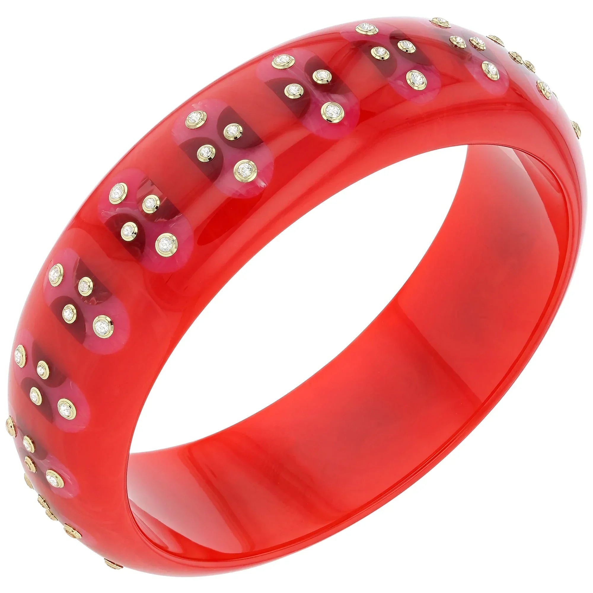 Adler Bangle | Bright red bakelite with inlay and stones.