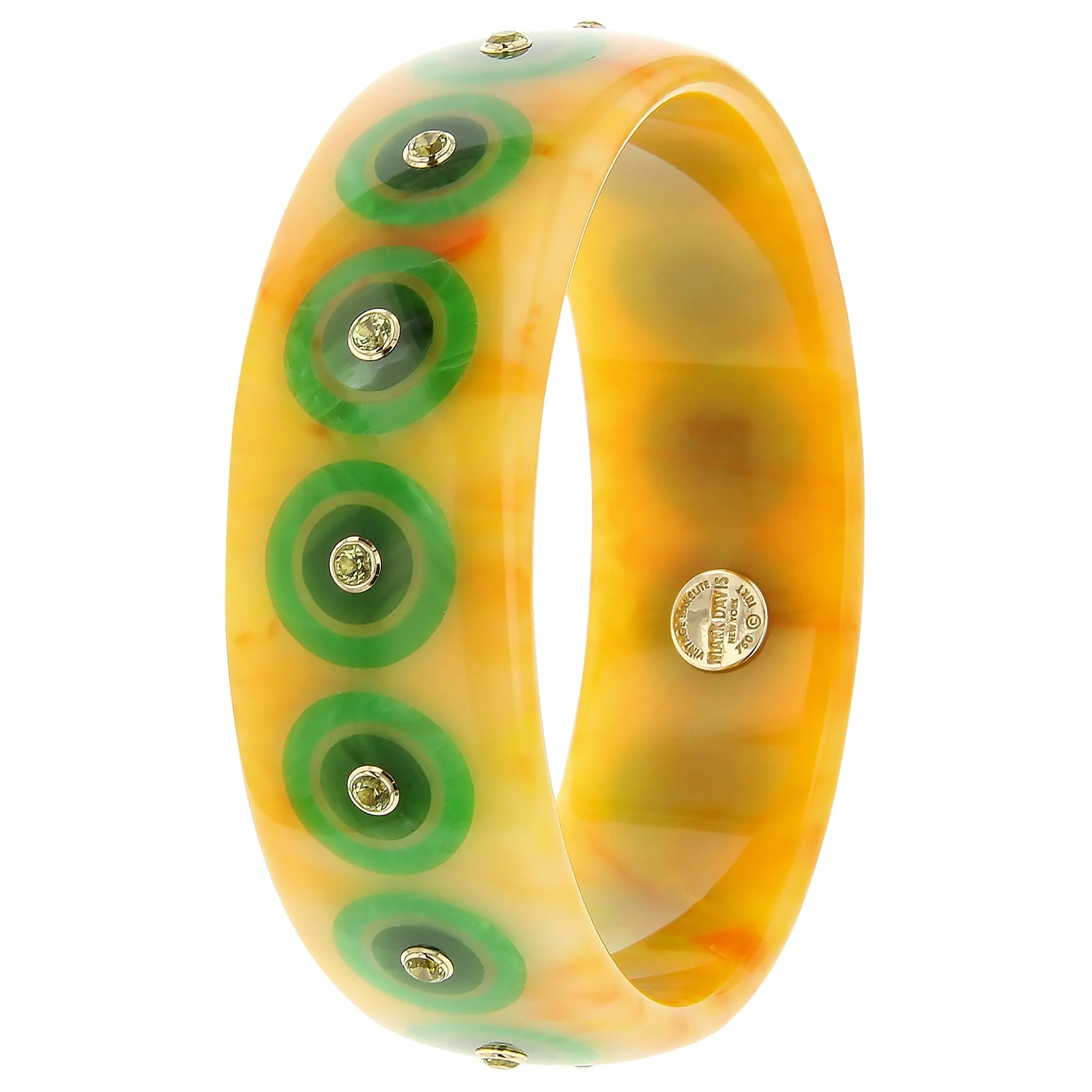 Aimee Bangle | Sunny yellow bakelite with inlay and stones.