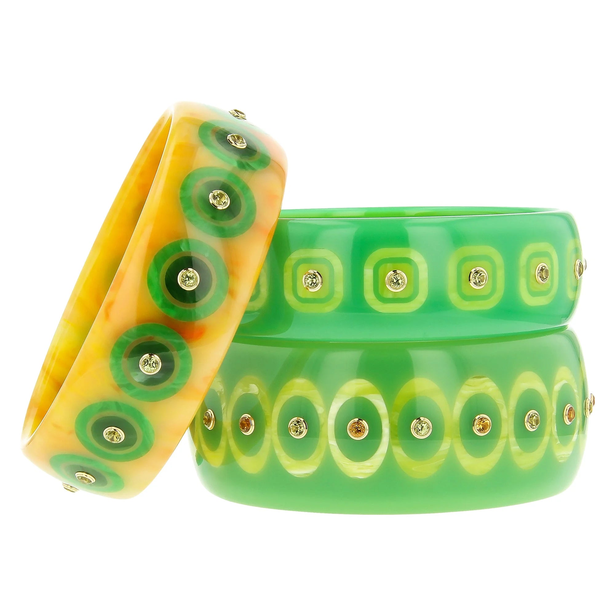 Aimee Bangle | Sunny yellow bakelite with inlay and stones.