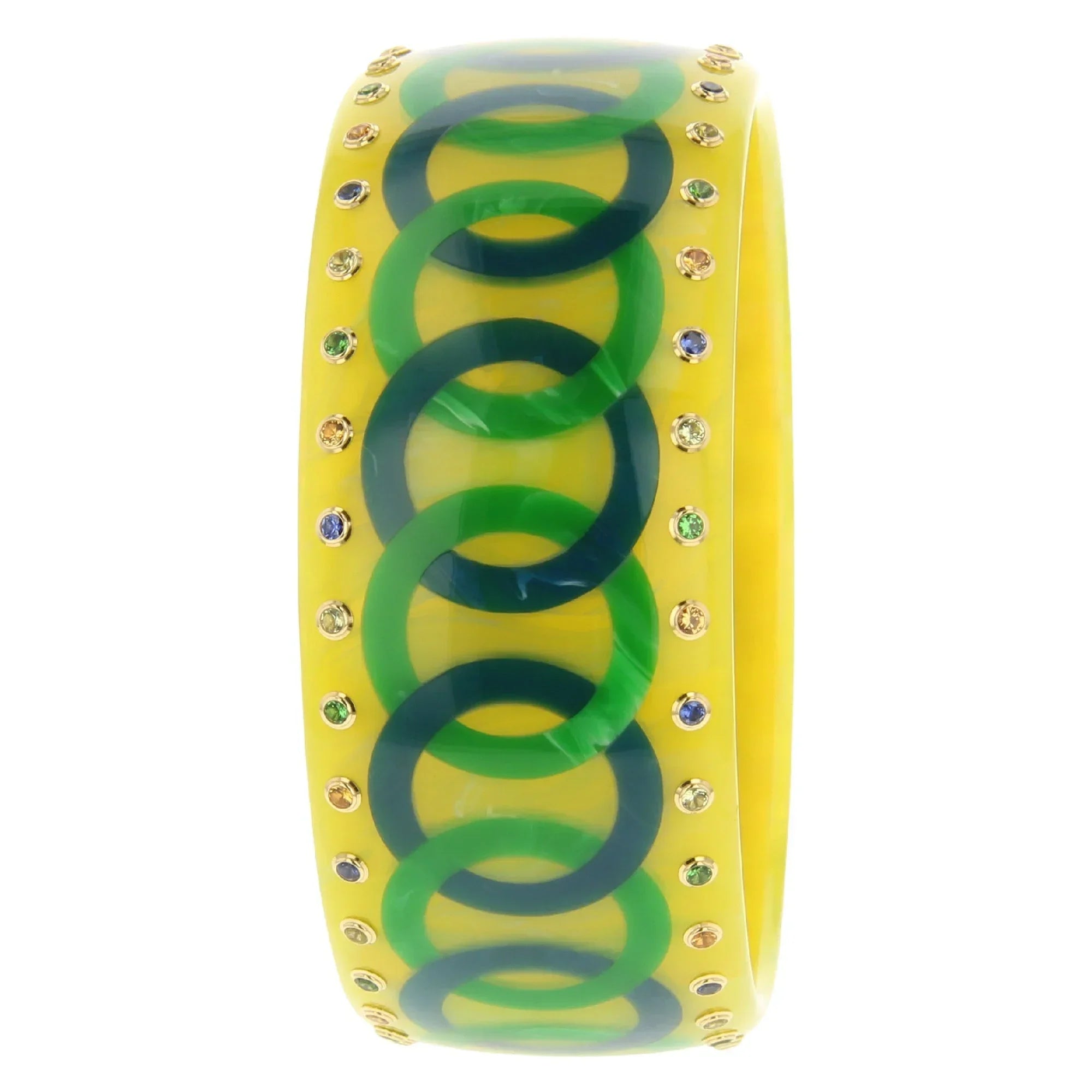 Alessia Bangle | Bakelite with interconnected rings design inlay and stones.