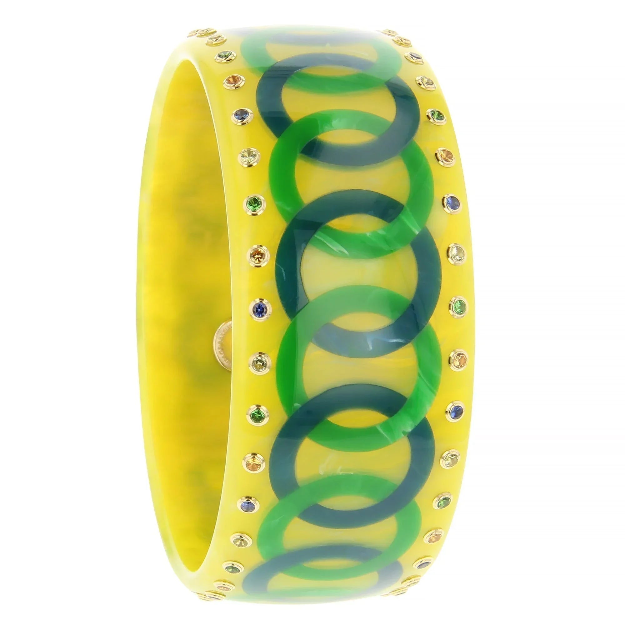 Alessia Bangle | Bakelite with interconnected rings design inlay and stones.