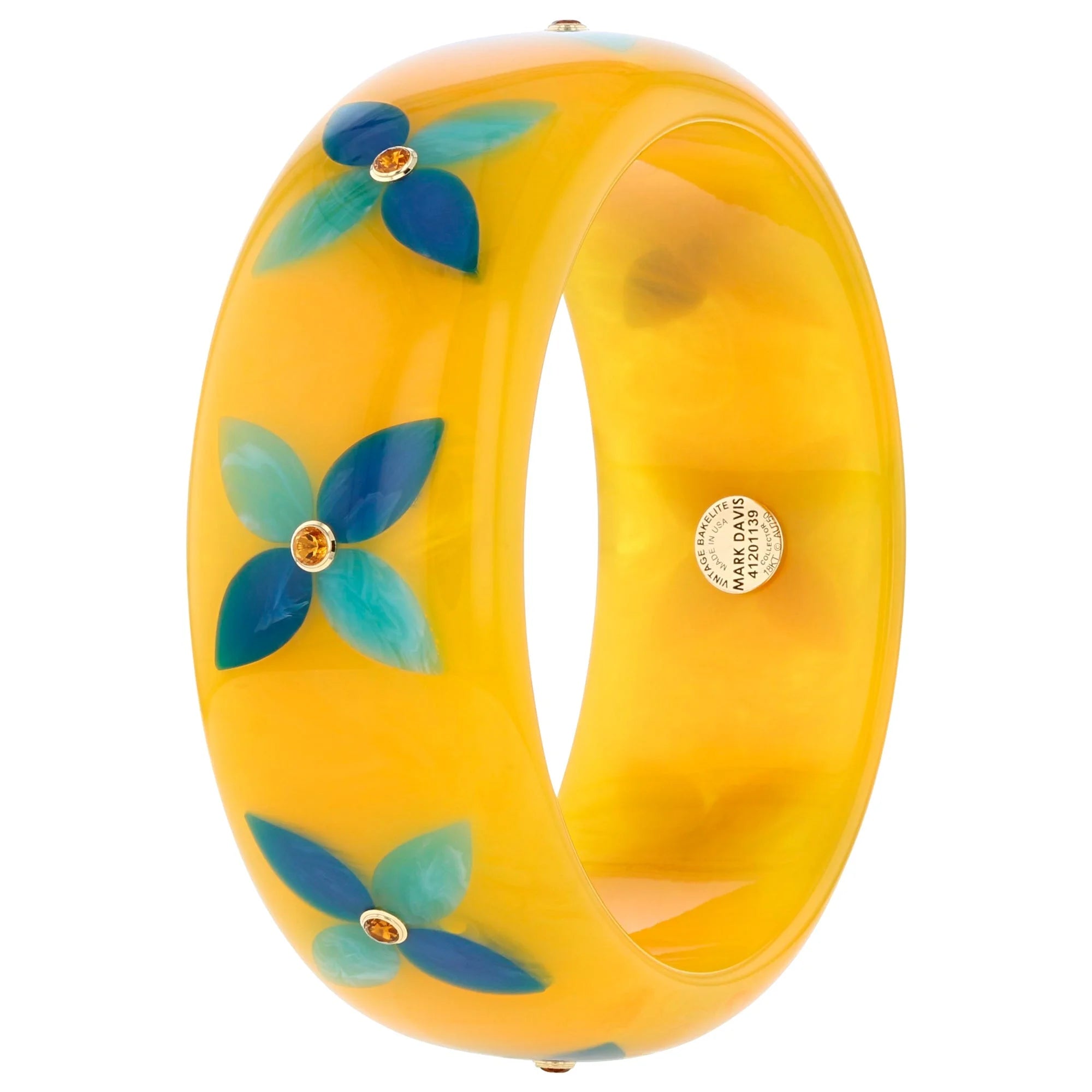 Alyssa Bangle | 3/4 View Bright yellow bakelite bangle with inlay and stones.