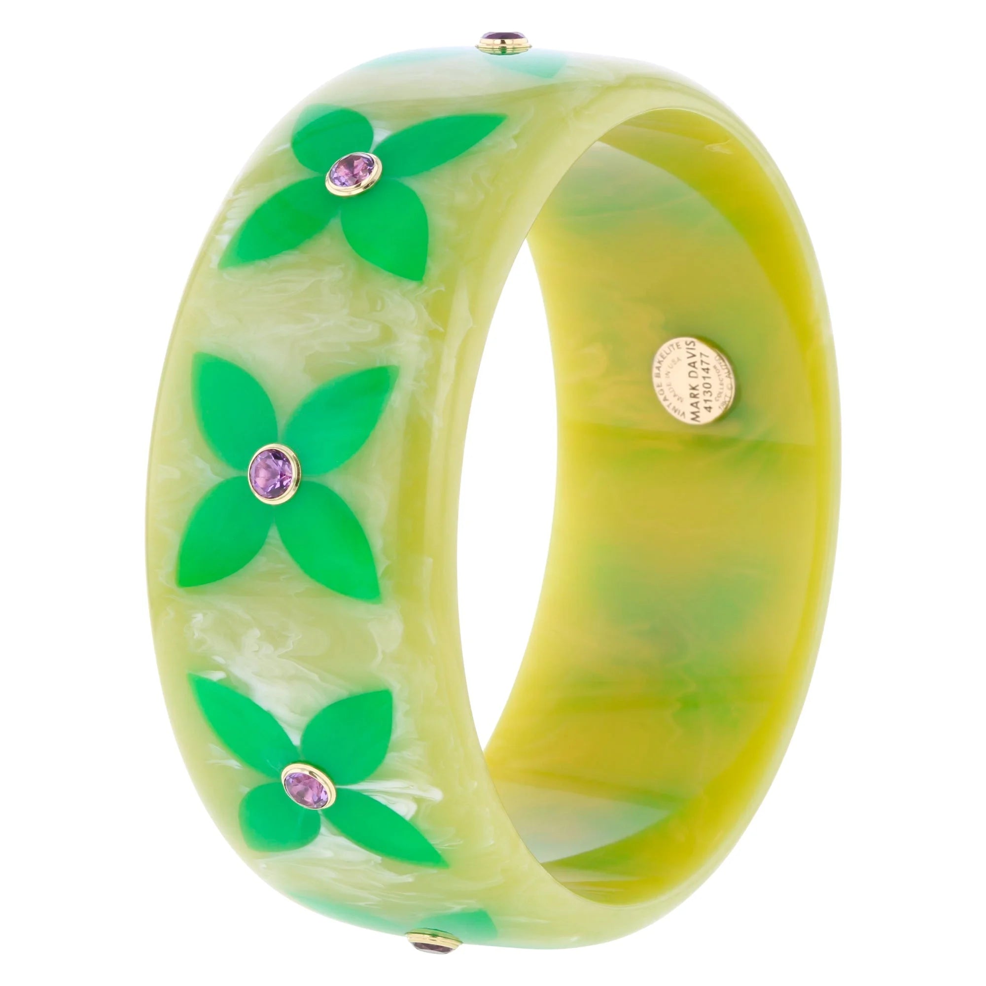 Alyssa Bangle | Light hearted bakelite bangle with stylized floral inlay and stones.