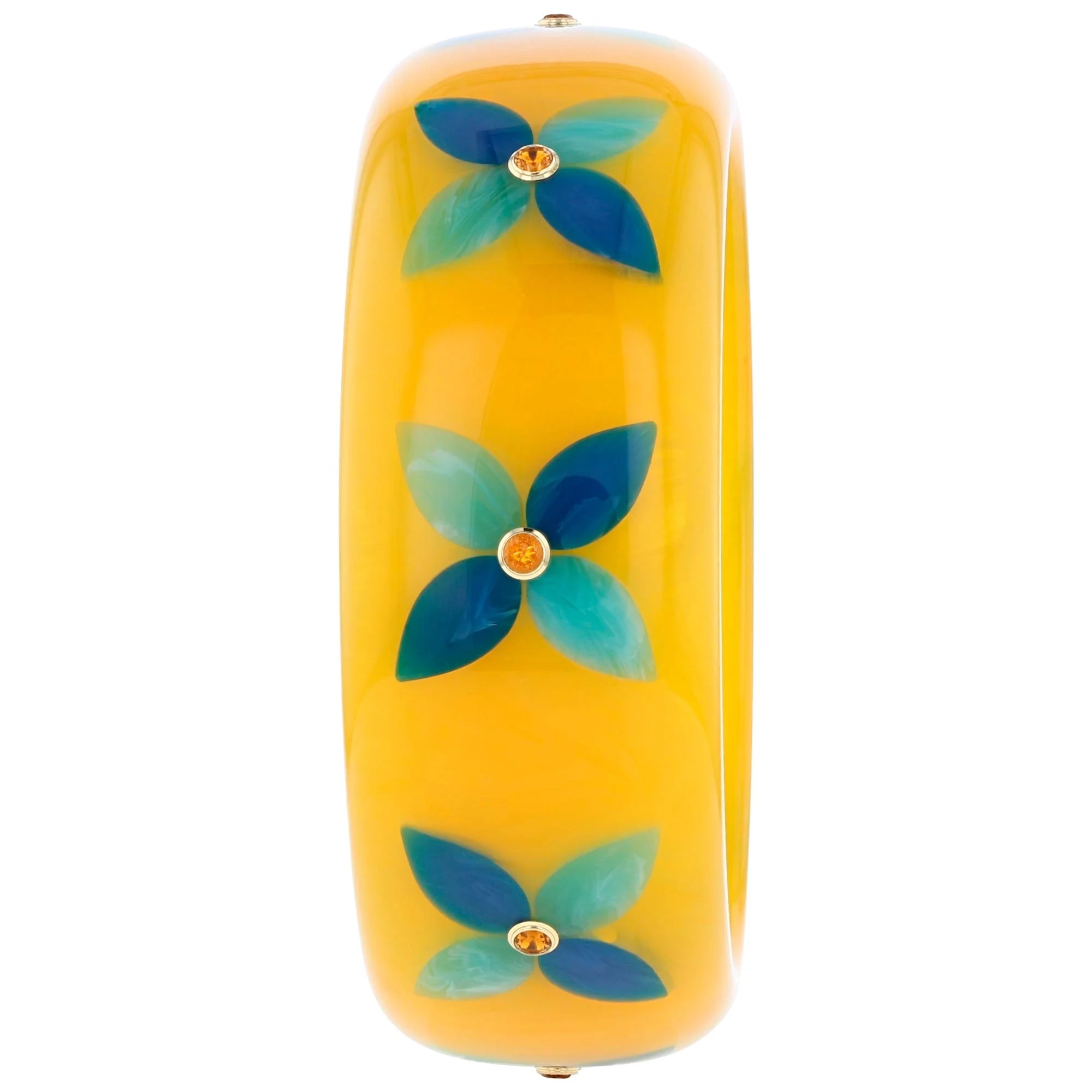 Alyssa Bangle | Bright yellow bakelite bangle with inlay and stones.