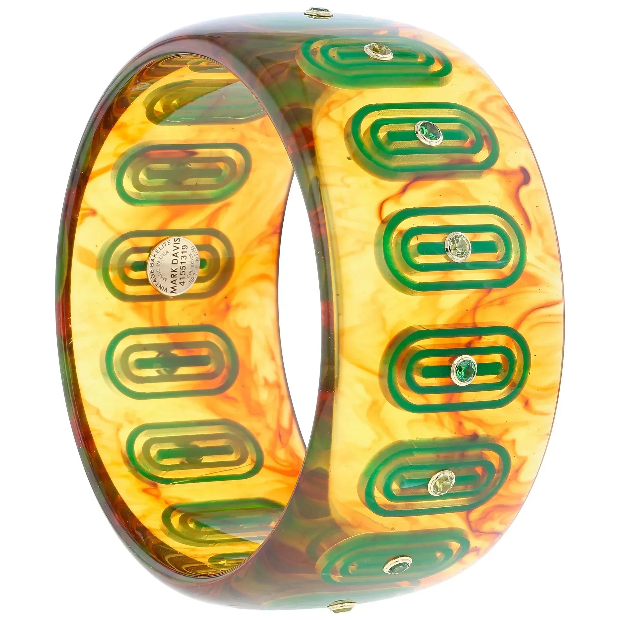 Beatrice Bangle | Translucent tortoiseshell blonde bakelite with inlay and stones.