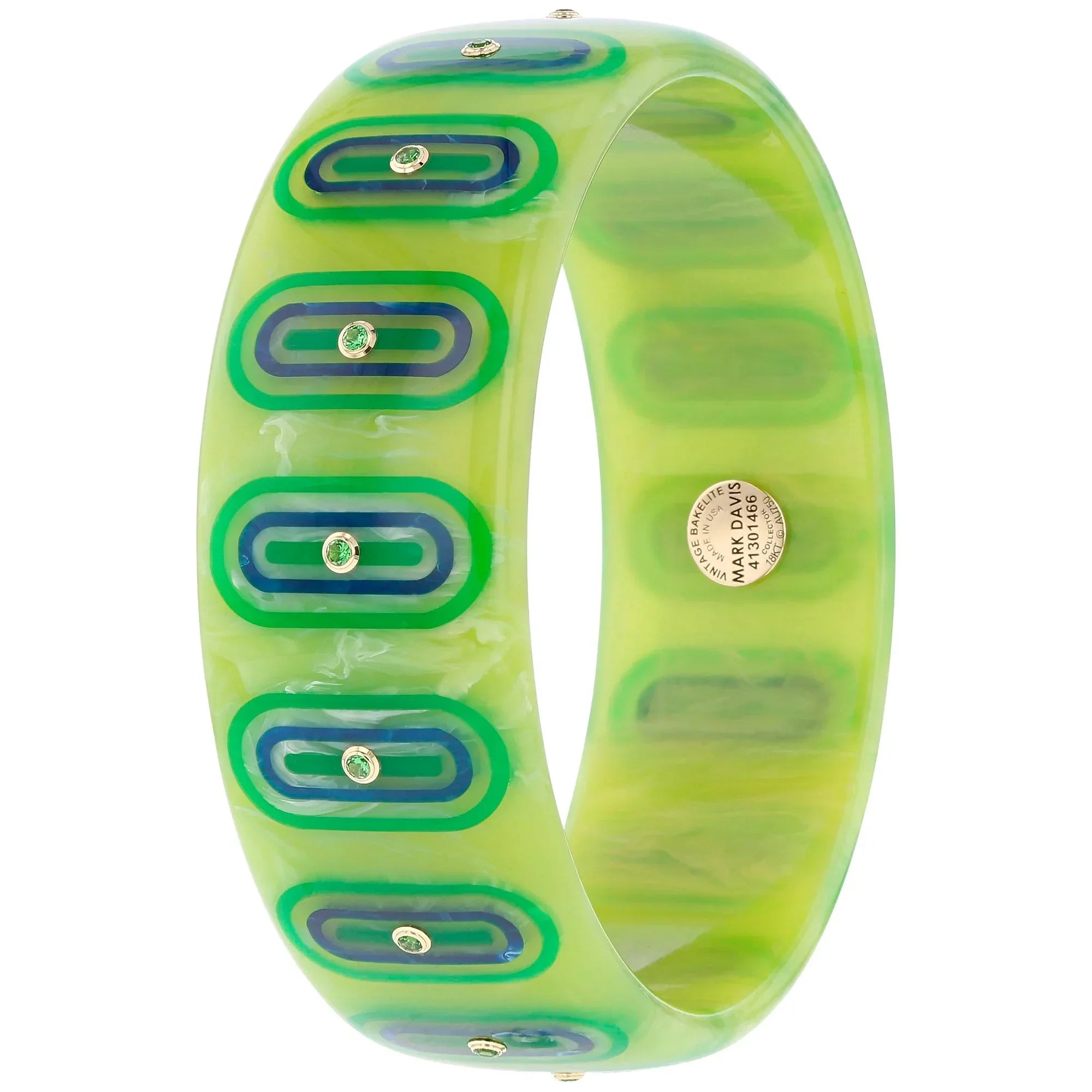 Beatrice Bangle | Lime green bakelite with inlay and stones.