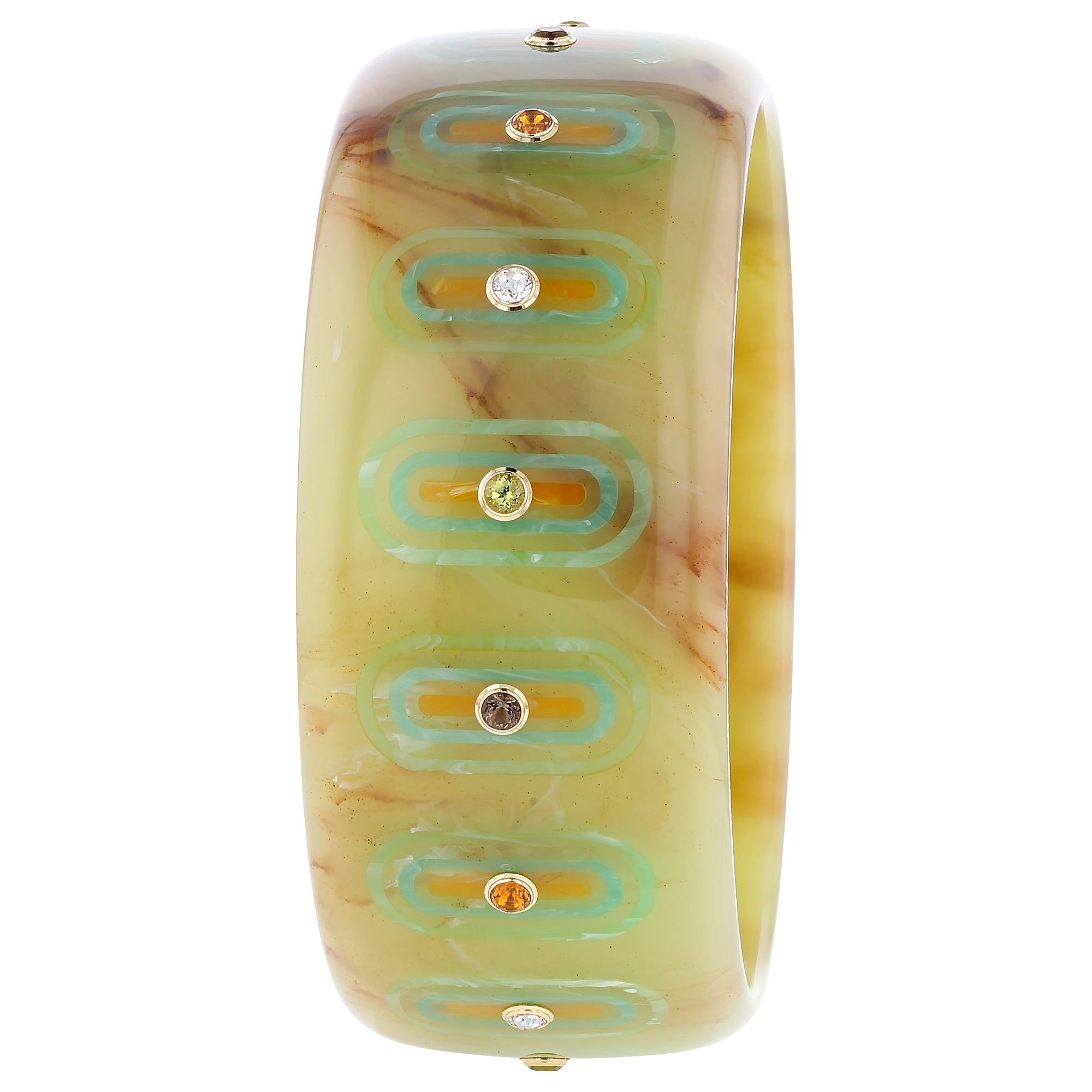 Beatrice Bangle | Muted green marbled bakelite bangle with inlay and stones.