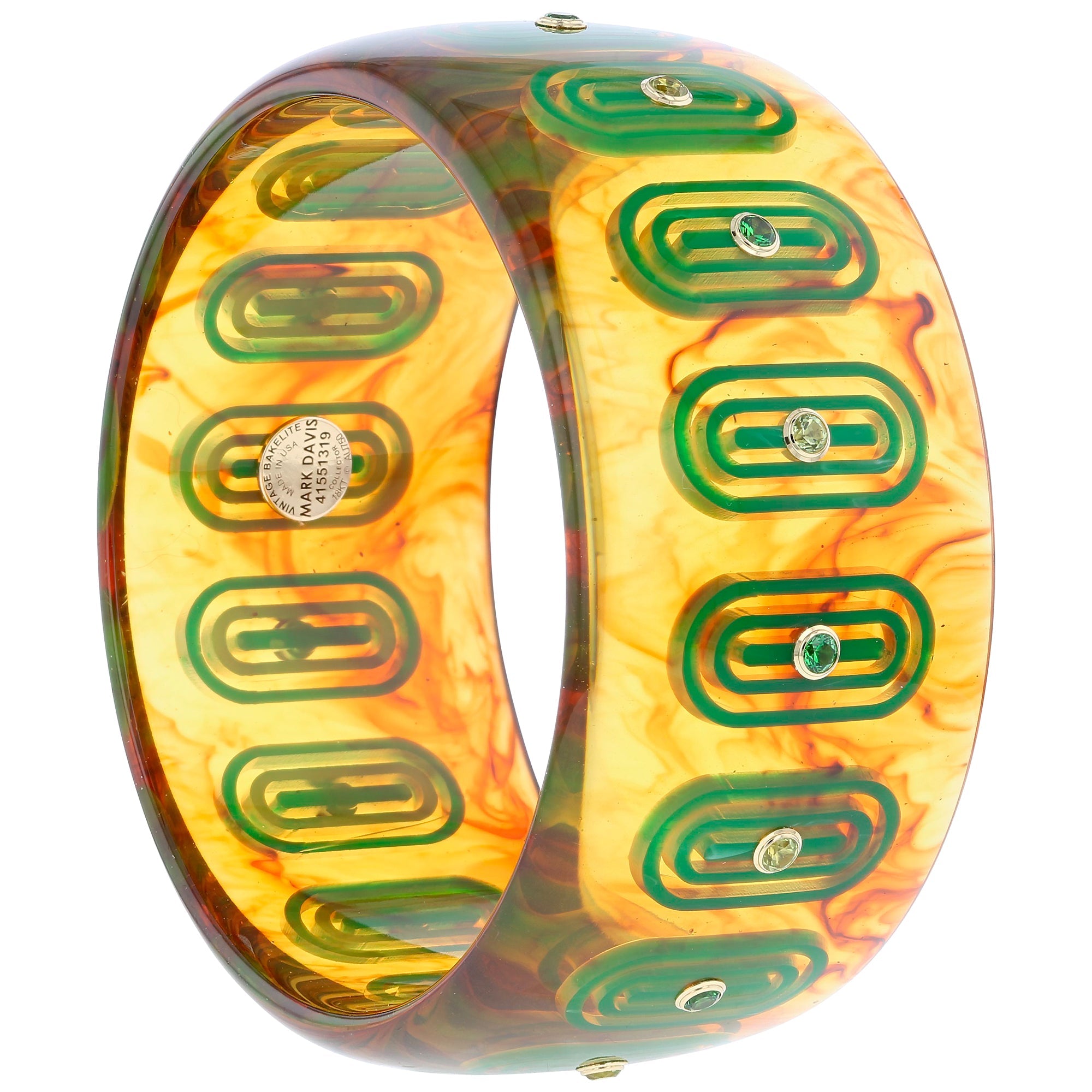 Beatrice Bangle | Translucent tortoiseshell blonde bakelite bangle with inlay and stones.