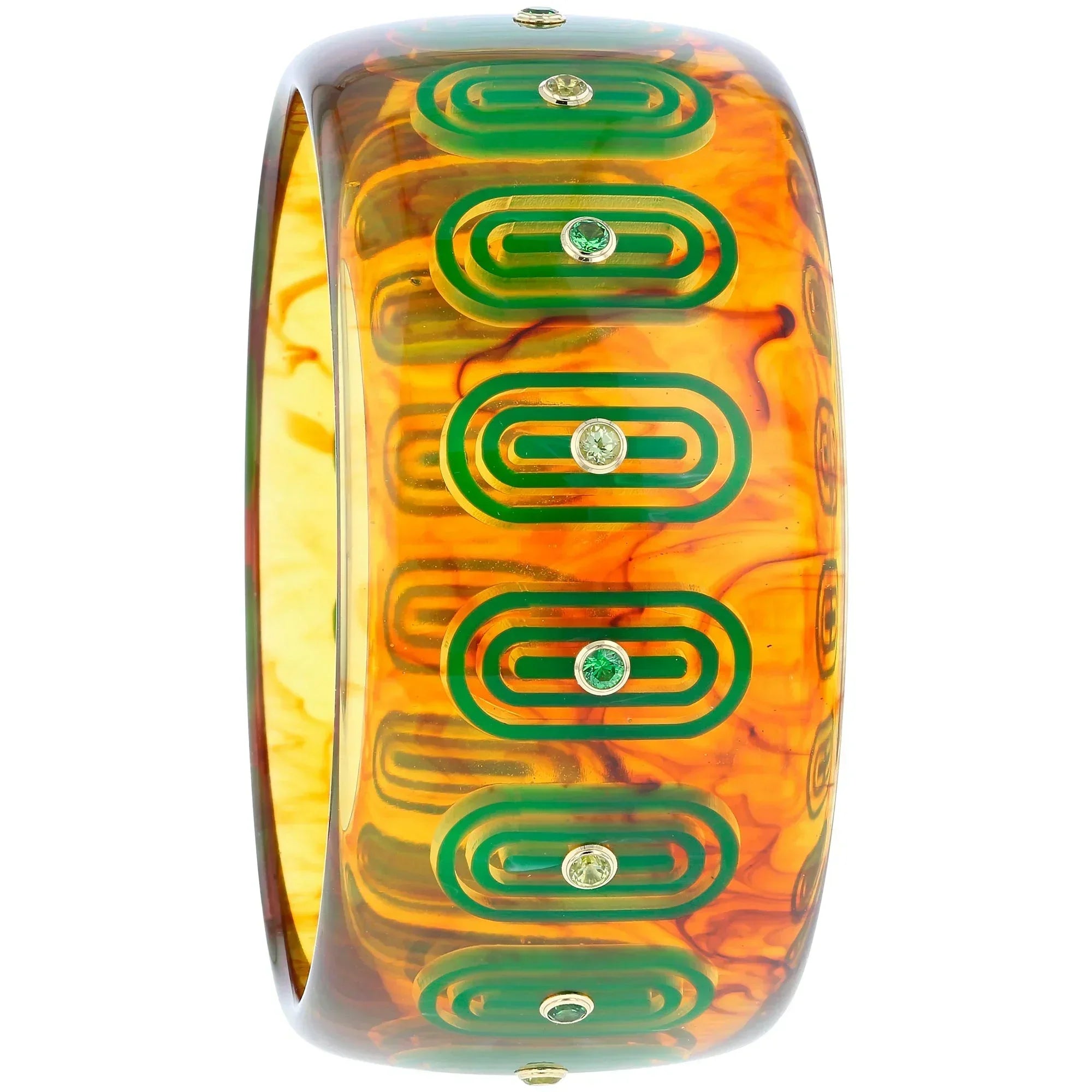 Beatrice Bangle | Translucent tortoiseshell blonde bakelite with inlay and stones.