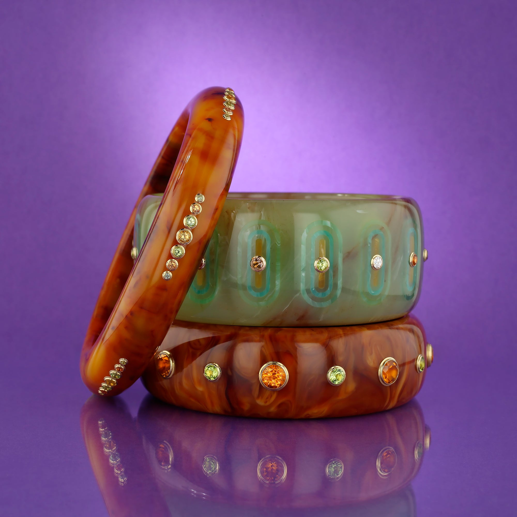 Beatrice Bangle | Muted green marbled bakelite bangle with inlay and stones.