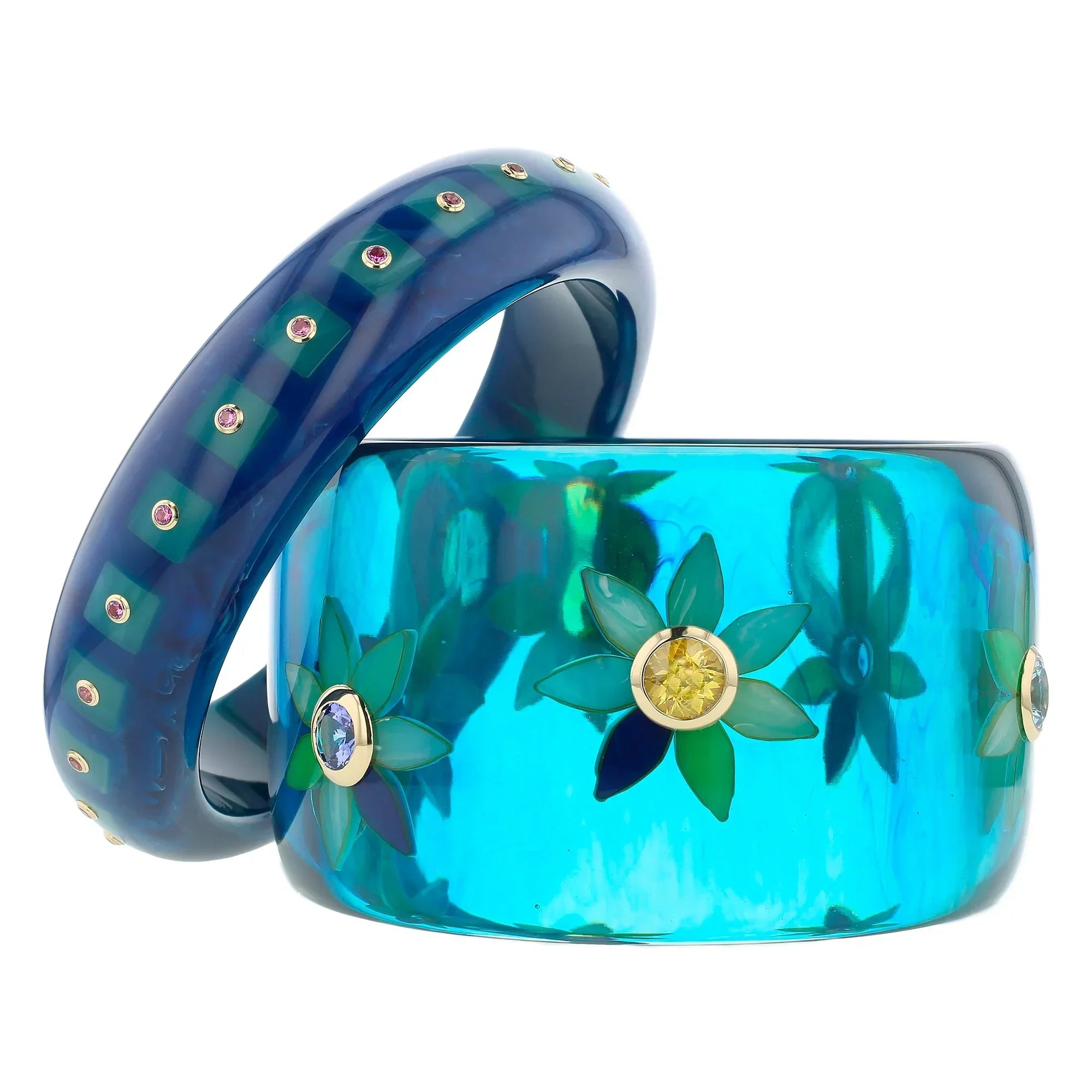 Blake Bangle | Blue Prystal bakelite with inlay and stones.