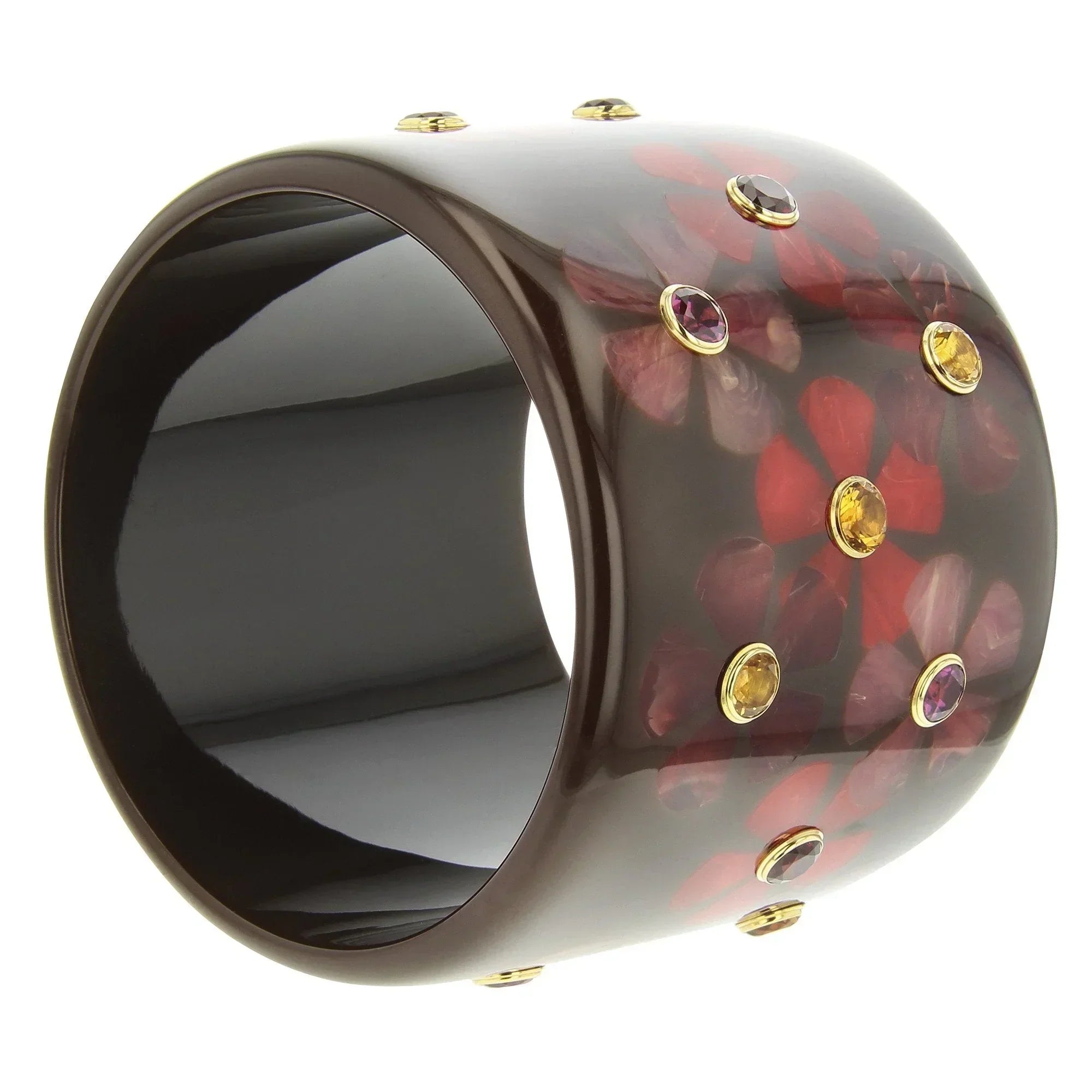 Camille Bangle | Brown bakelite with inlay and stones.