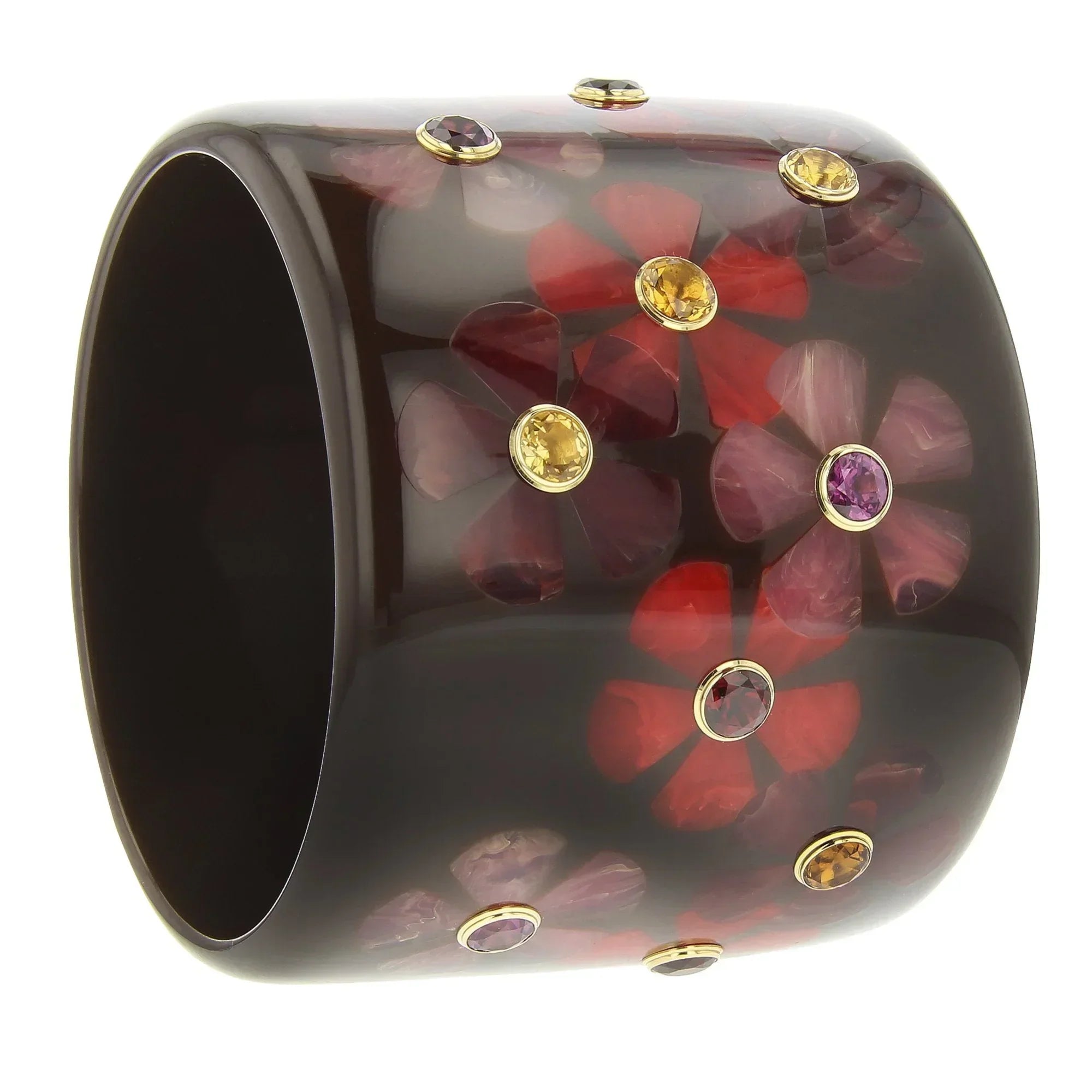 Camille Bangle | Brown bakelite with inlay and stones.