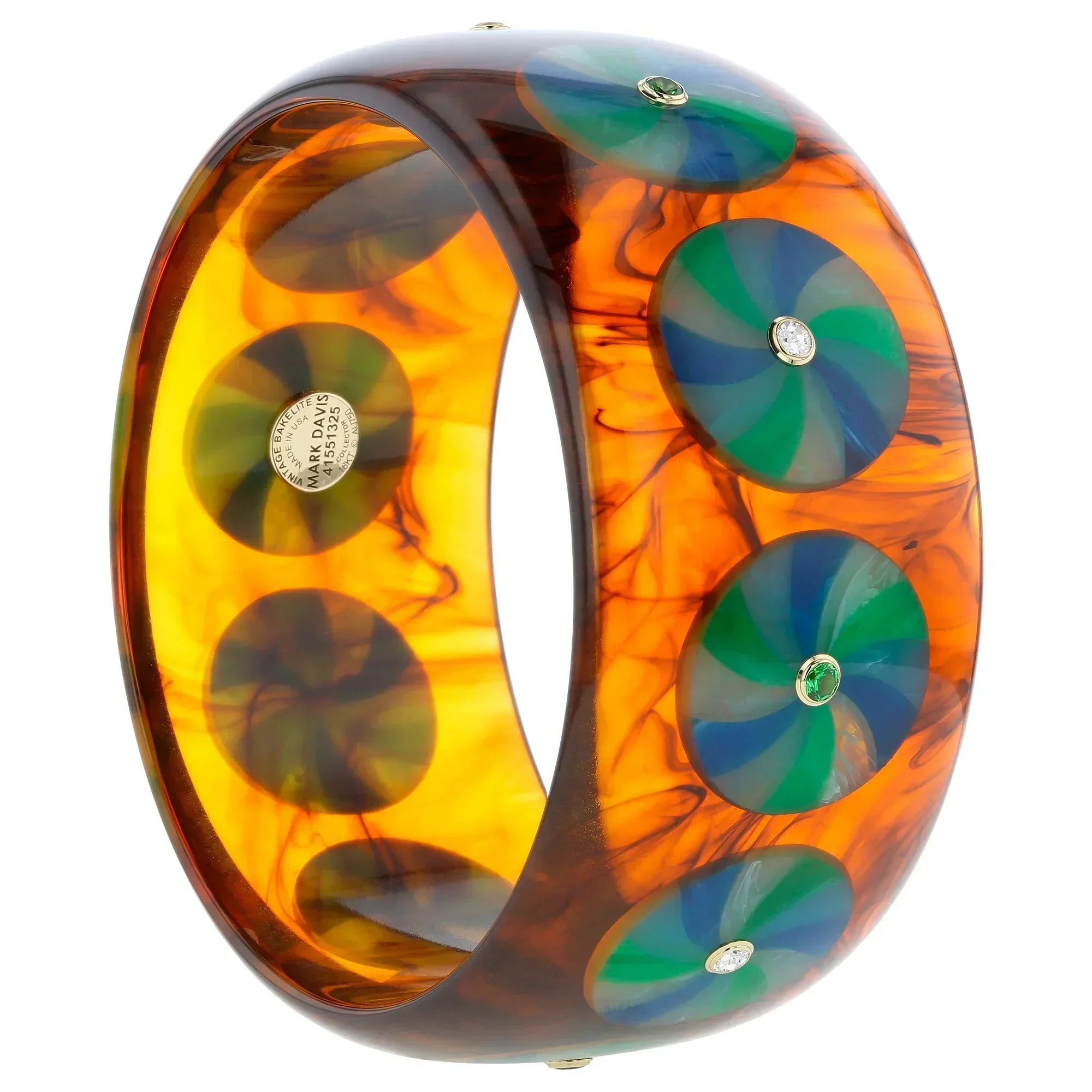 Candace Bangle | Uniquely marbled bakelite bangle with inlay and stones.