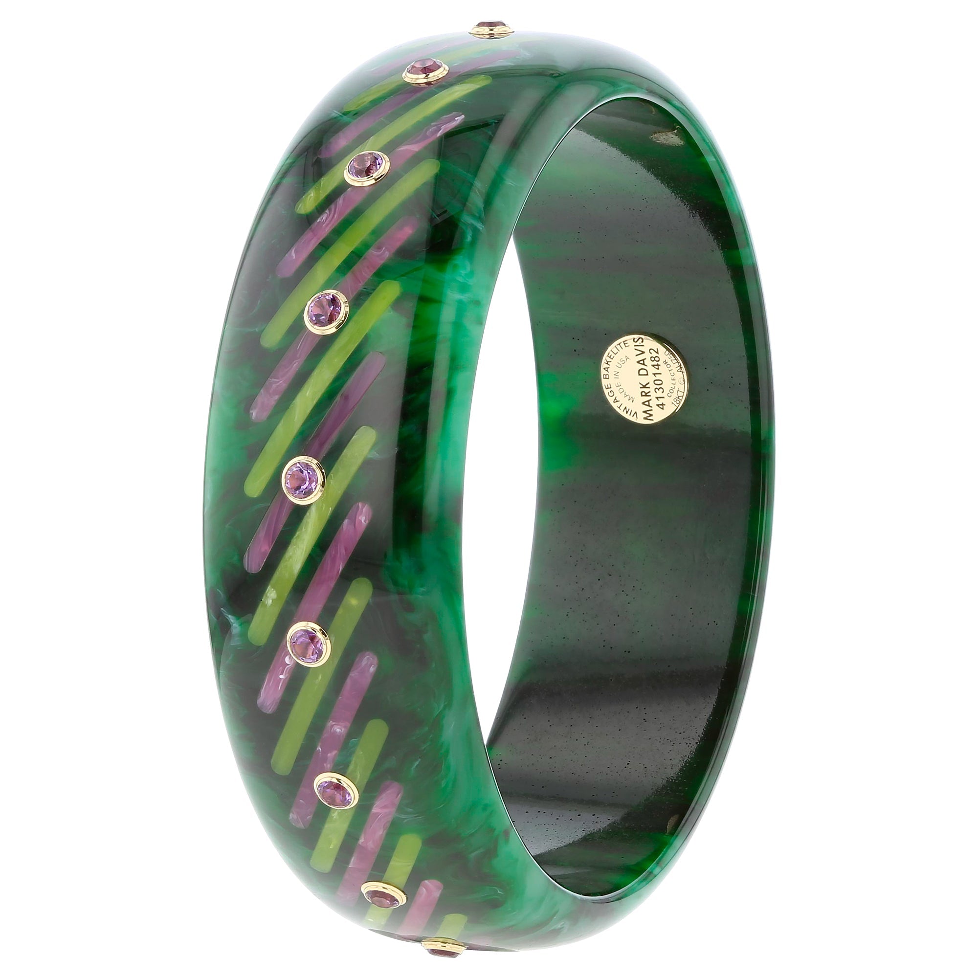 Clara Bangle | Mossy Green Bakelite With Inlay And Stones.