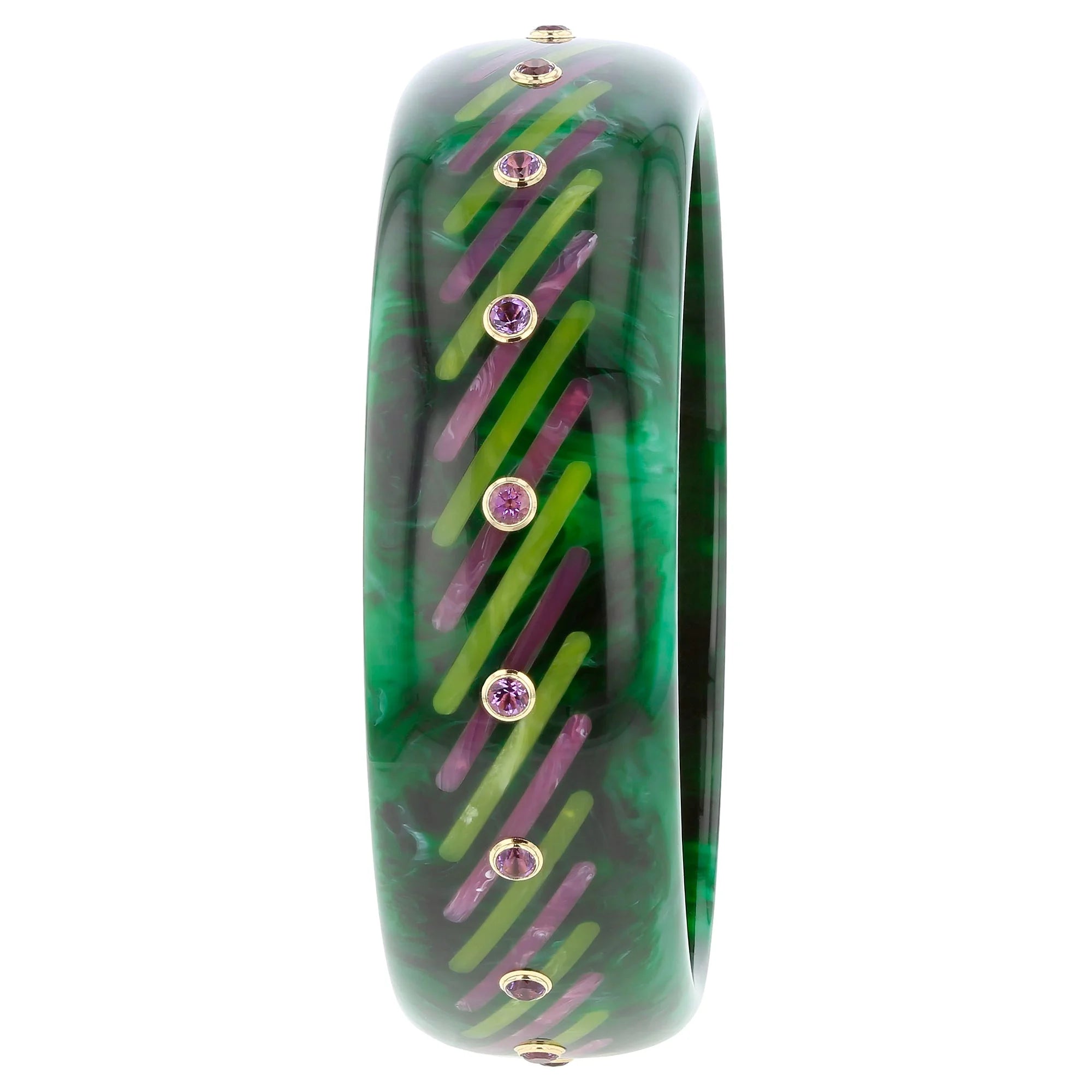 Clara Bangle | Mossy Green Bakelite With Inlay And Stones.