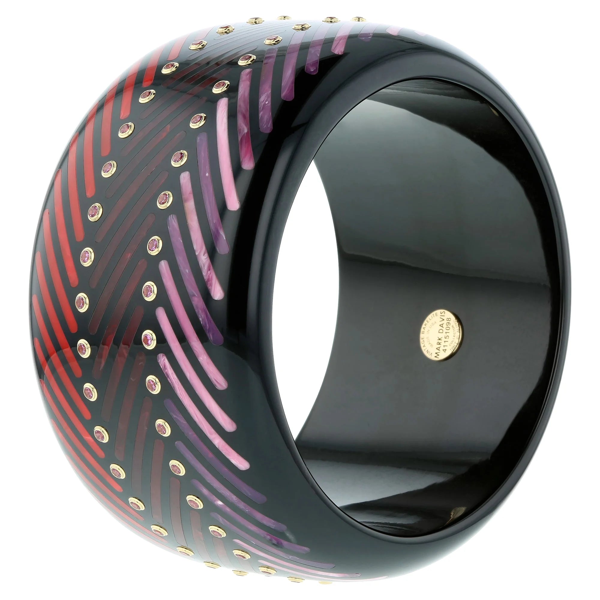 Clara III Bangle | Bakelite bangle with parallel slanted line inlay and stones.