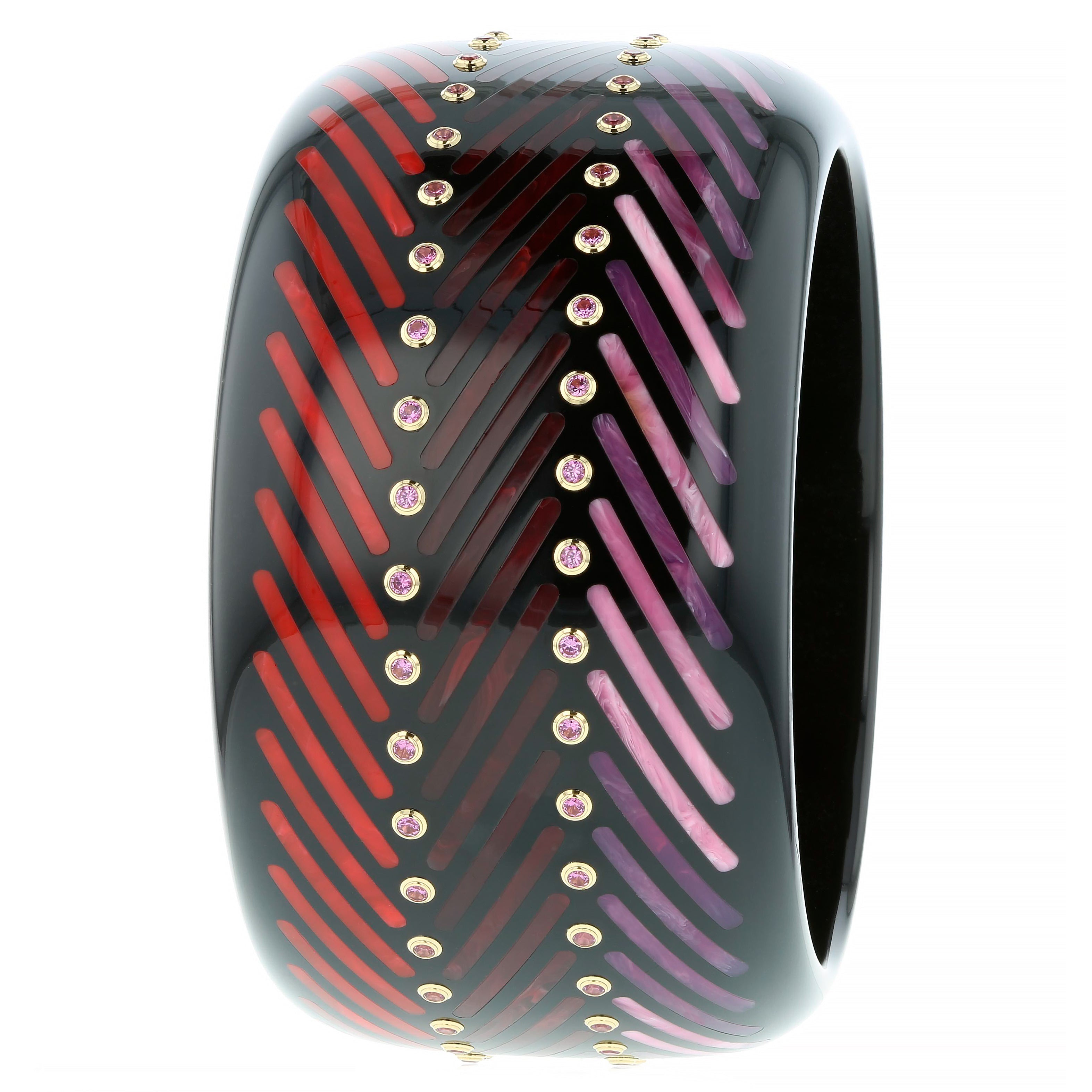 Clara III Bangle | Bakelite bangle with parallel slanted line inlay and stones.