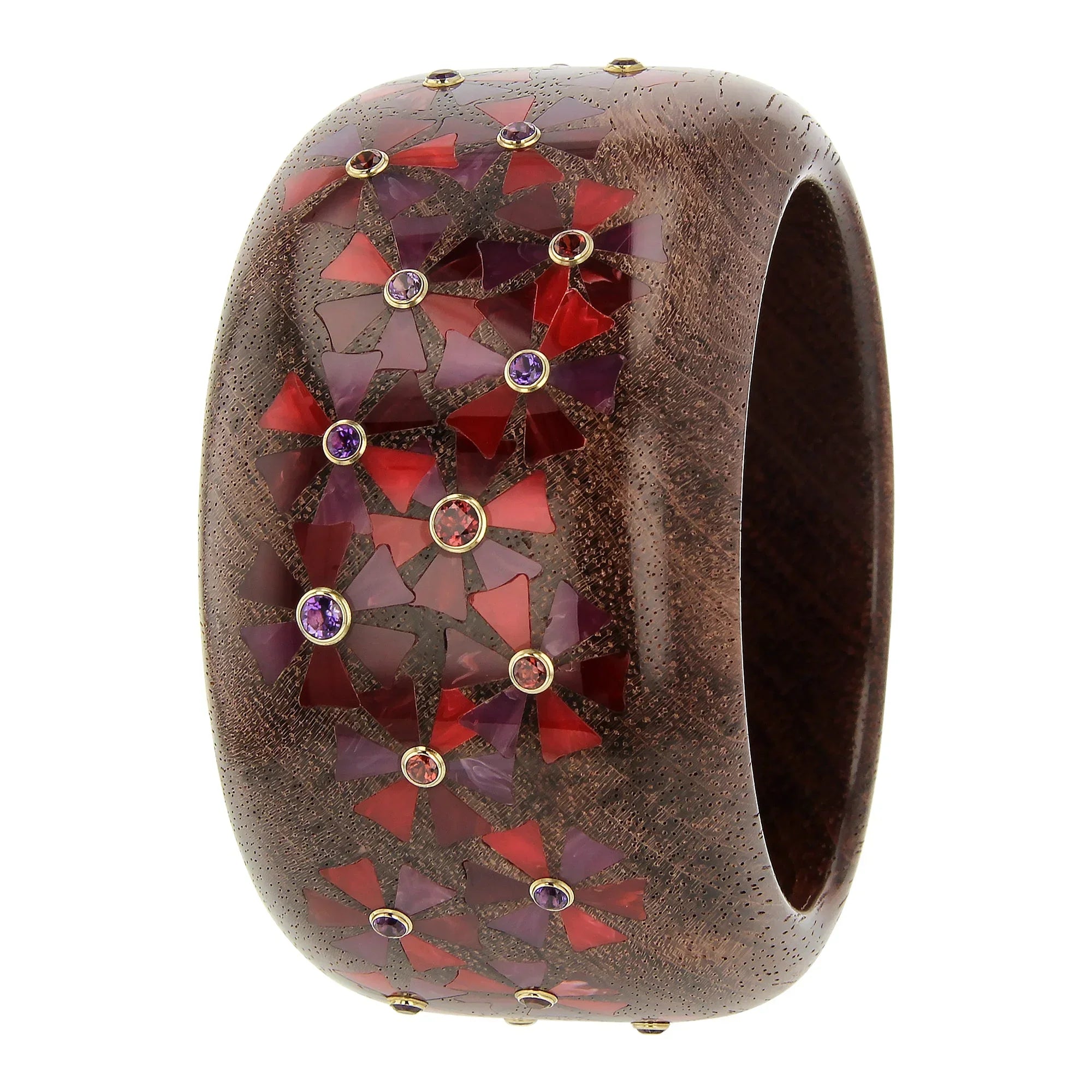 Daisy Bangle | Bubinga wood bakelite with Inlay and Stones.