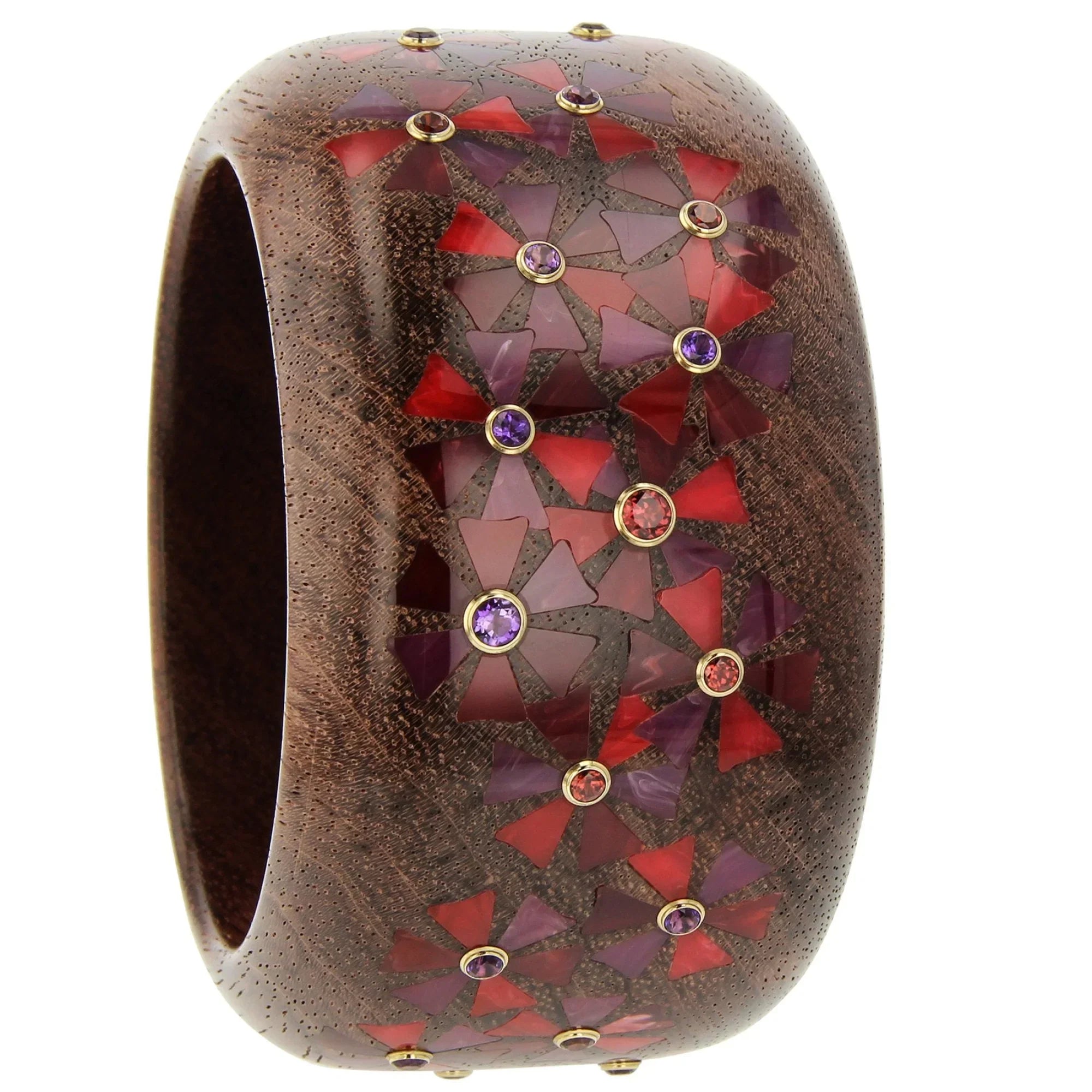 Daisy Bangle | Bubinga wood bakelite with Inlay and Stones.