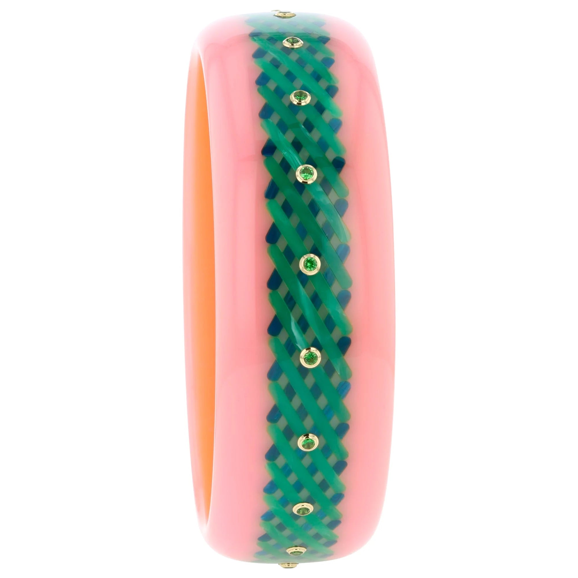 Elise Bangle | Bakelite with crosshatch inlay and stones.