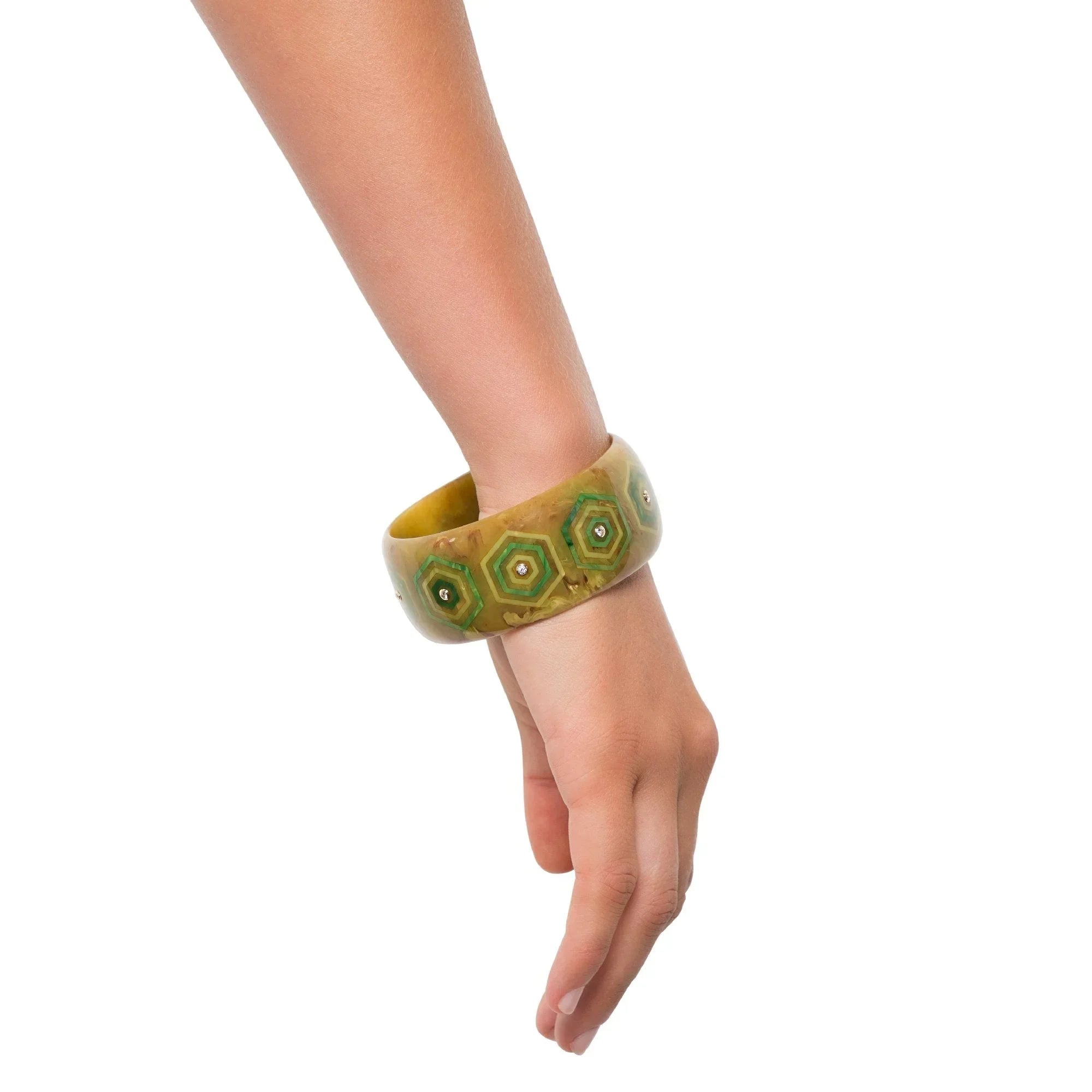 Emmeline Bangle | Bakelite bangle with an inlaid hexagonal motif design and stones.