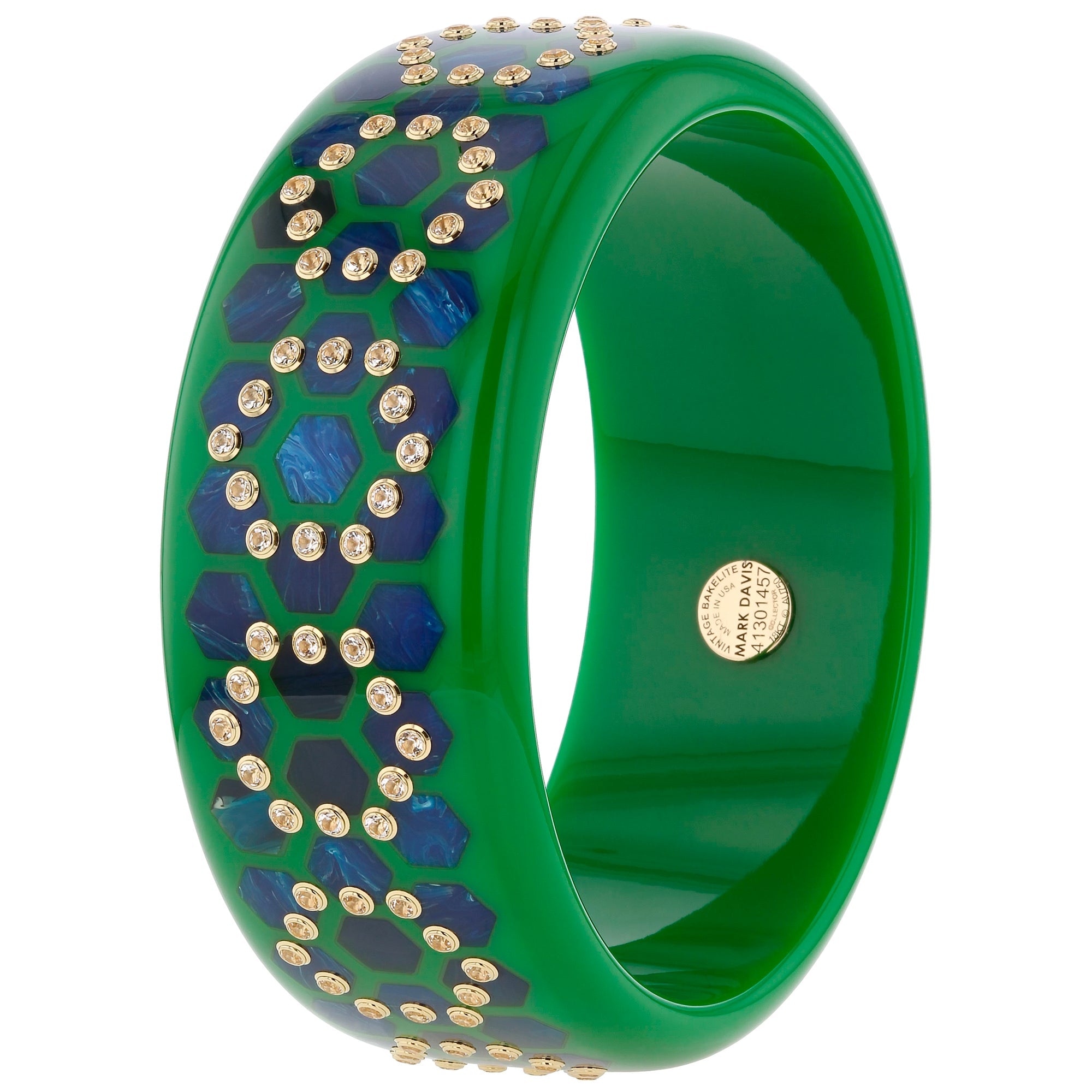 Finn III Bangle | Blue bakelite hexagons inlaid in green bakelite with stones.