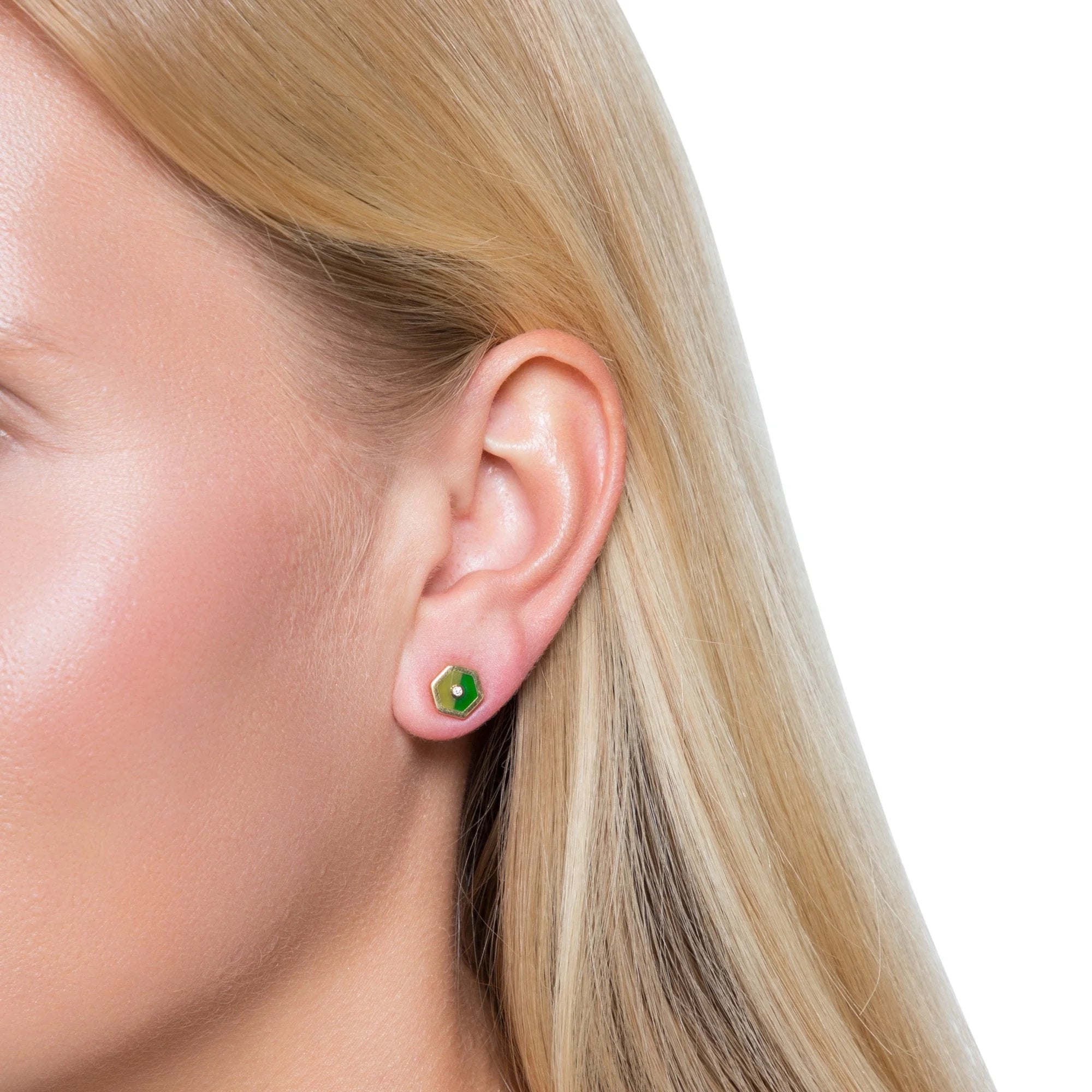 Gigi Earrings | Bakelite earrings in complimentary shades of green set in gold with diamonds.