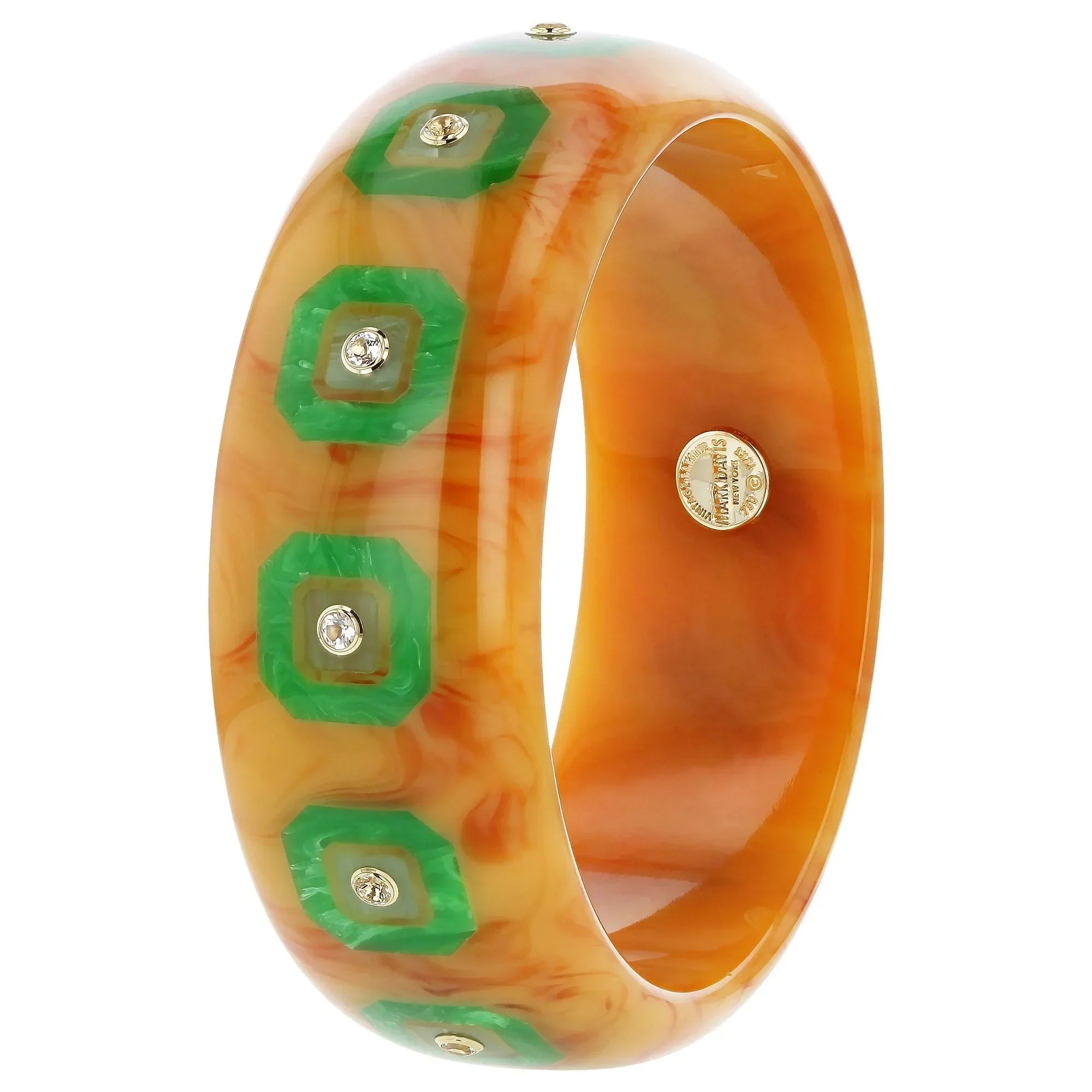 Hailey Bangle | Bakelite bangle with deep marbling, inlay, and stones.