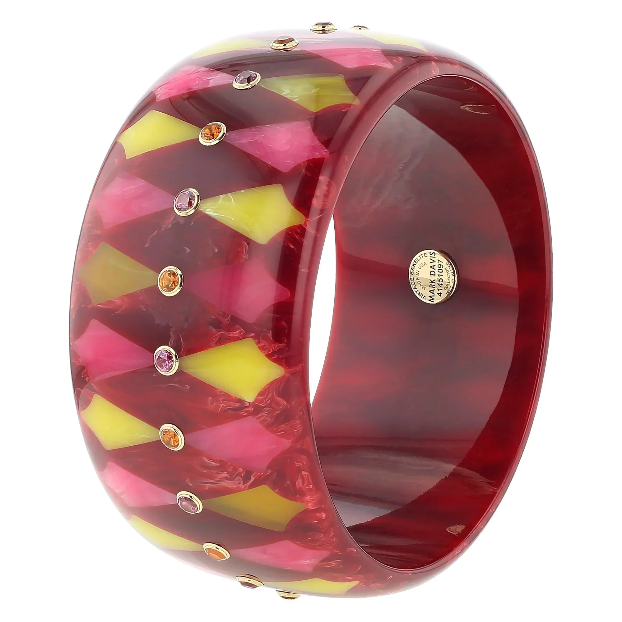 Harriet Bangle | Deep burgundy bakelite with inlay and stones.