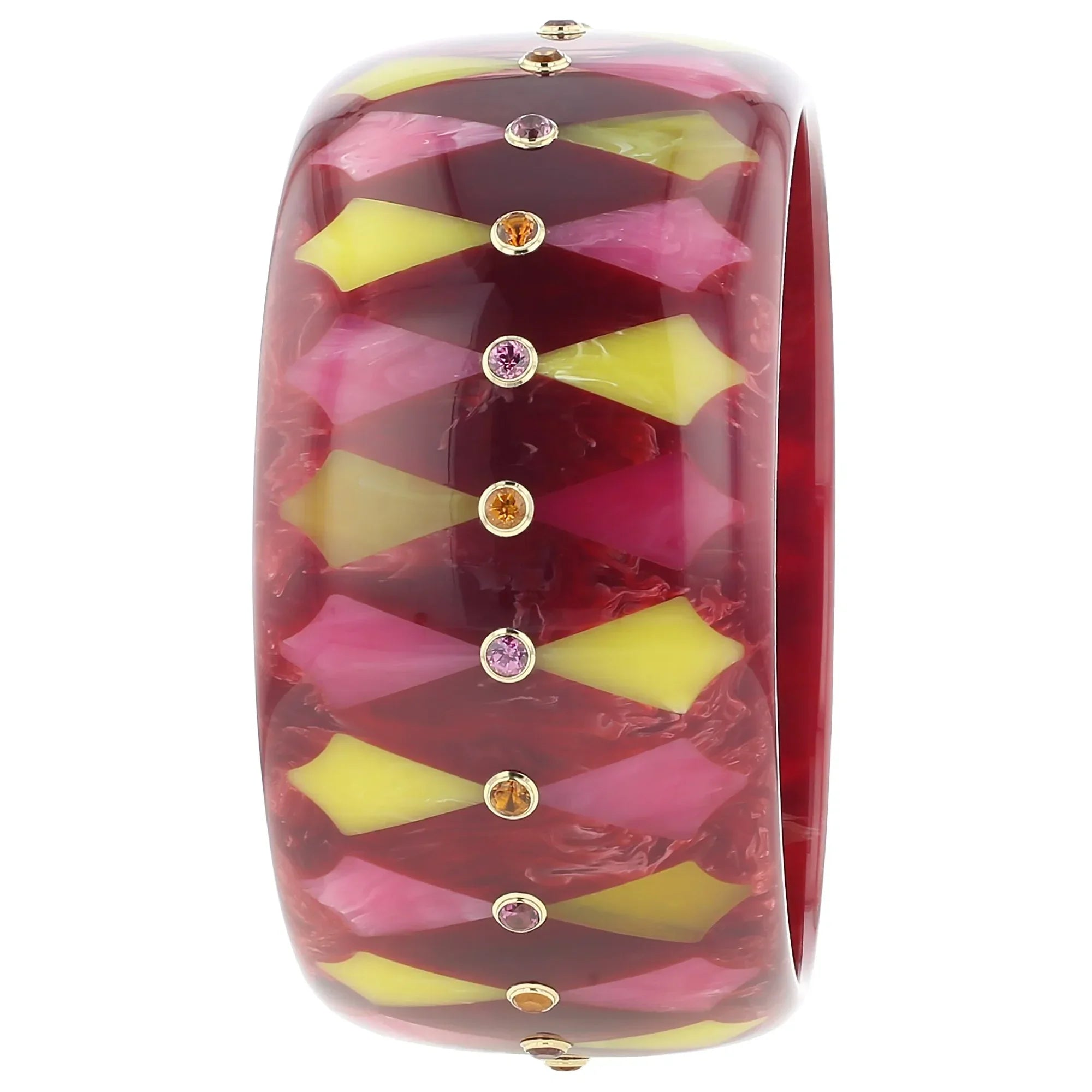 Harriet Bangle | Deep burgundy bakelite with inlay and stones.