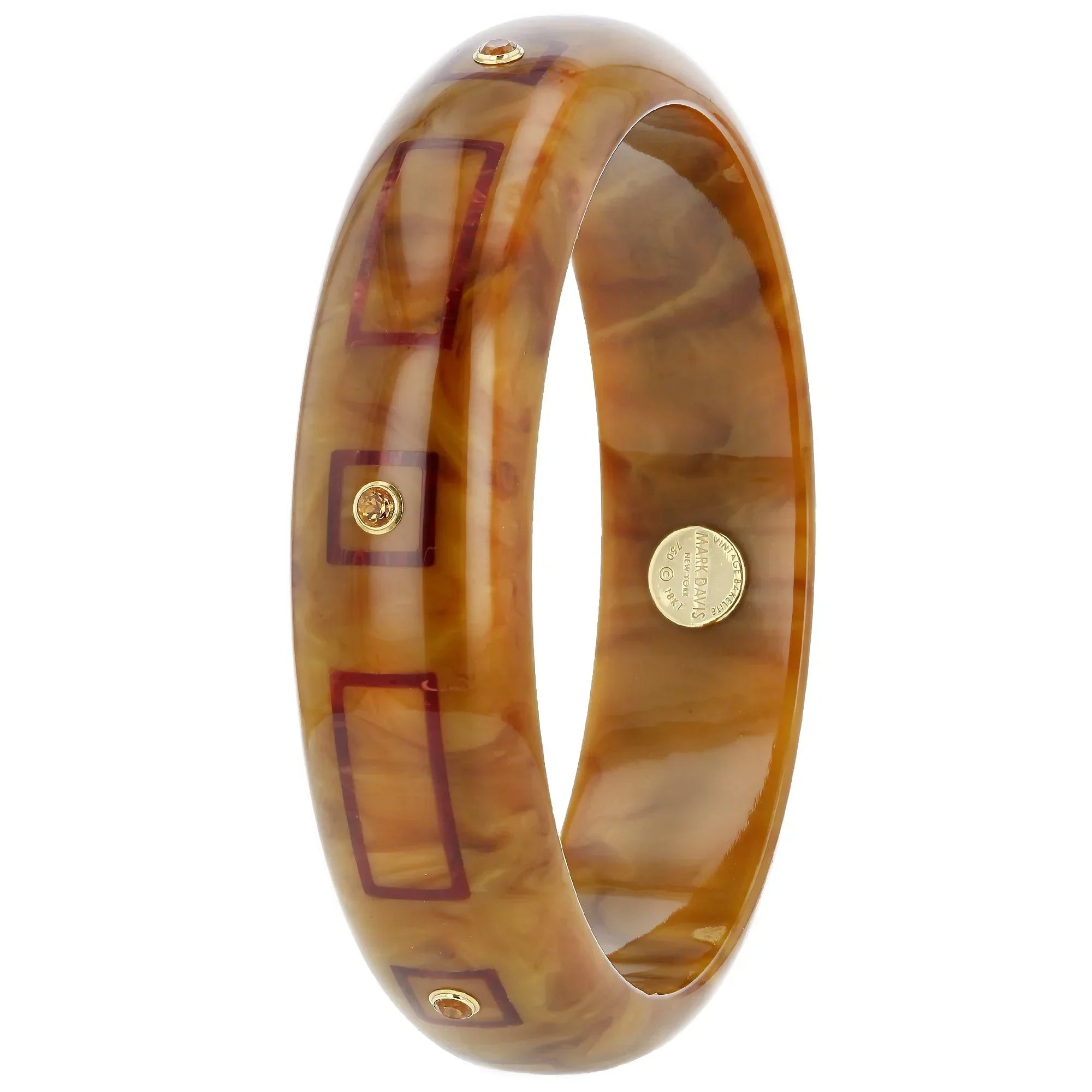 Hayden Bangle | Bakelite with square frame inlay and stones.