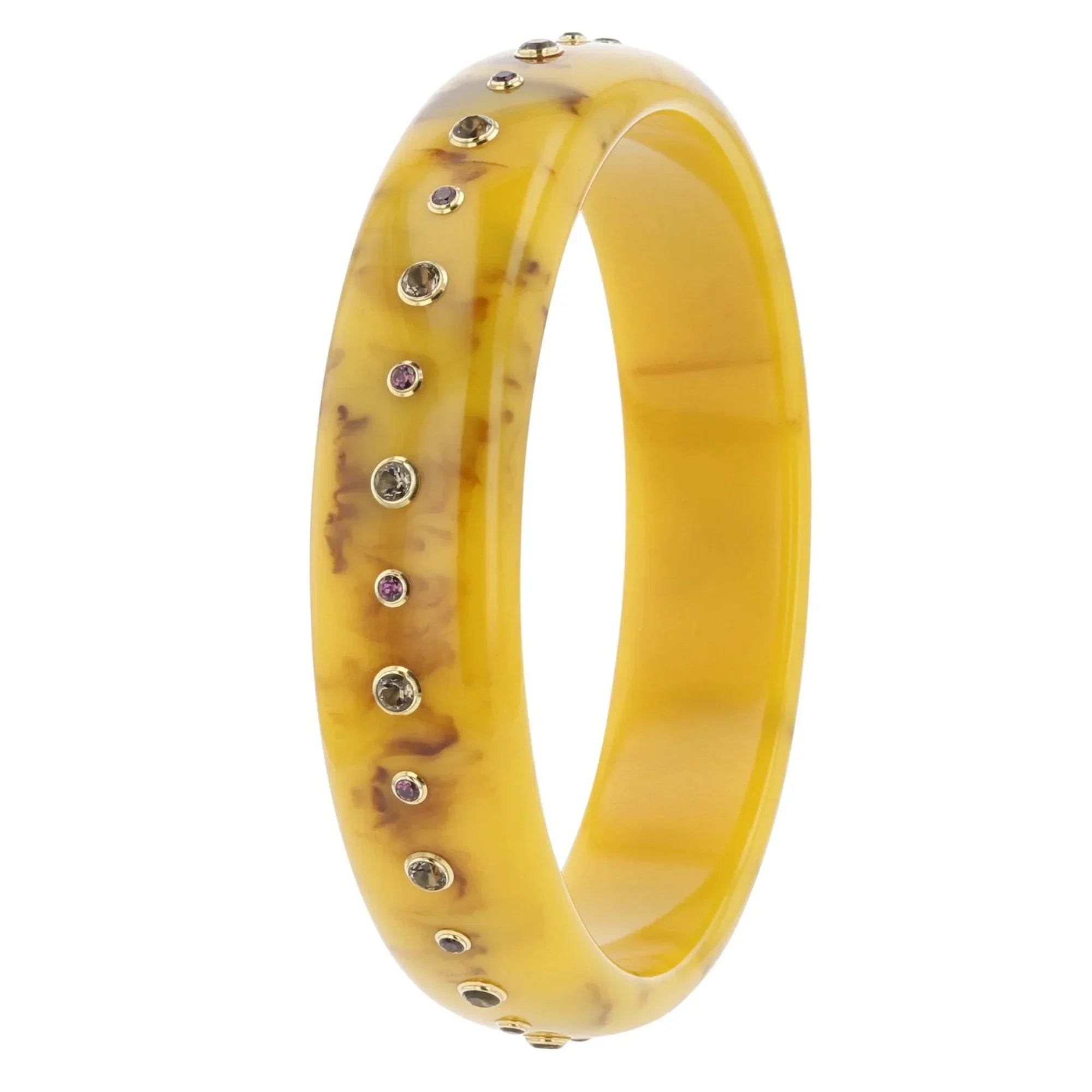 Iris Bangle | Classic yellow bakelite bangle with inlay and stones.