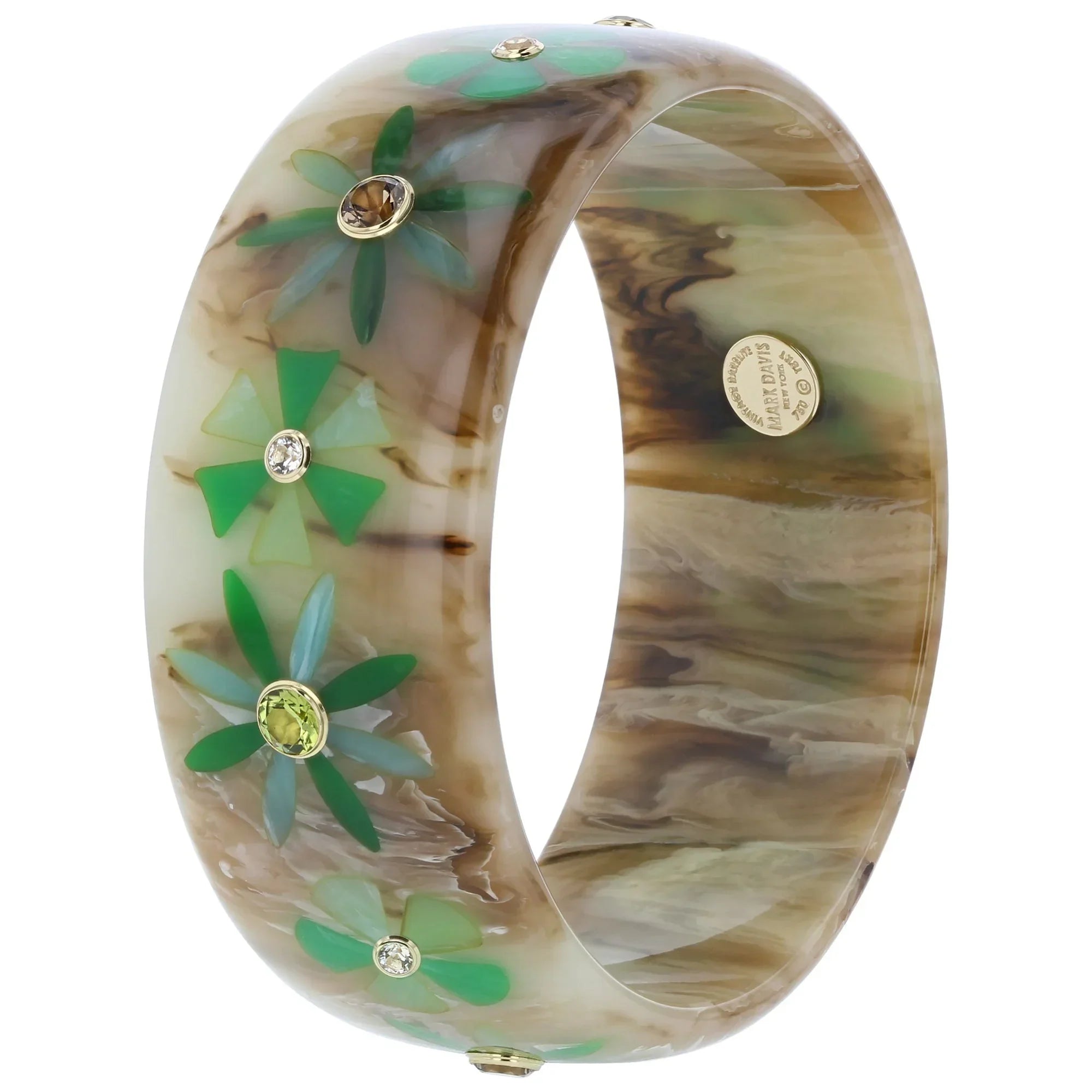 June Bangle | Bakelite with bouquet inlay and stones.