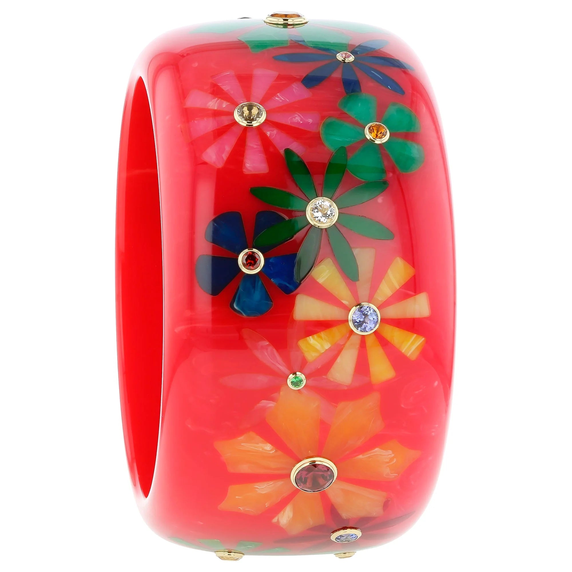 June Bangle | Bakelite With Flower Array Inlay And Stones.