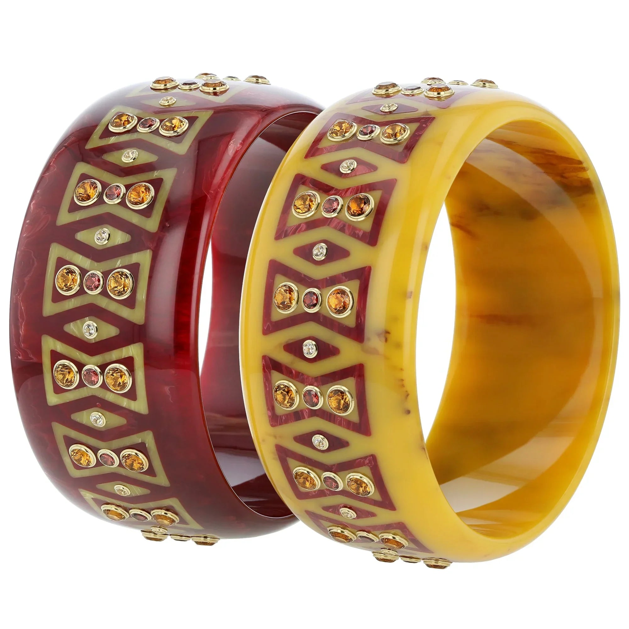 Kalina Bangle | Bakelite with bow pattern inlay and stones.