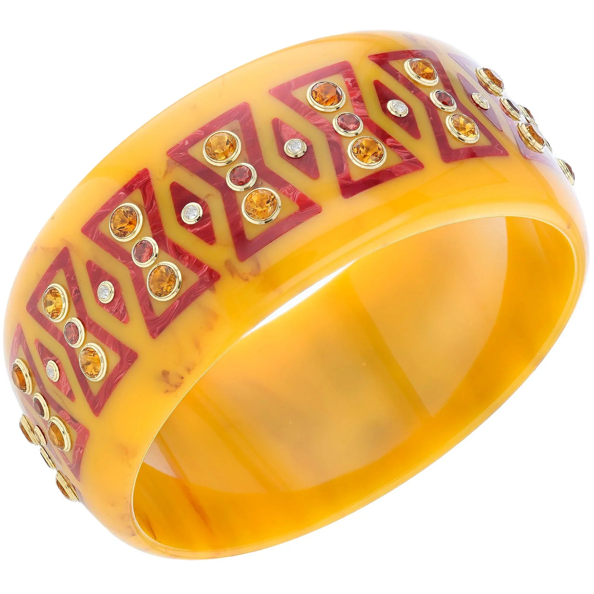 Kalina Bangle | Bakelite with bow pattern inlay and stones.