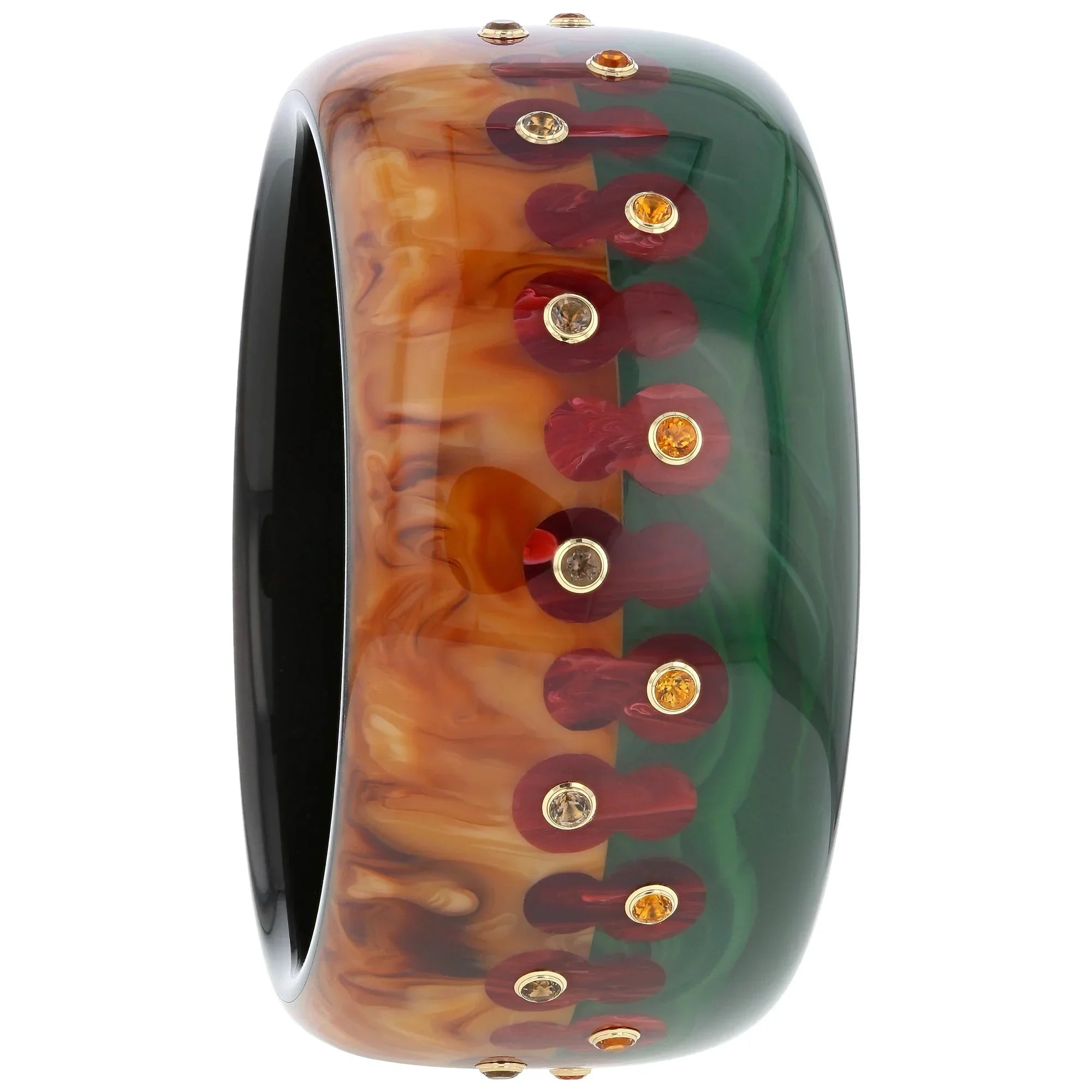 Kenny Bangles | Bi-color bakelite bangle with inlay and stones.