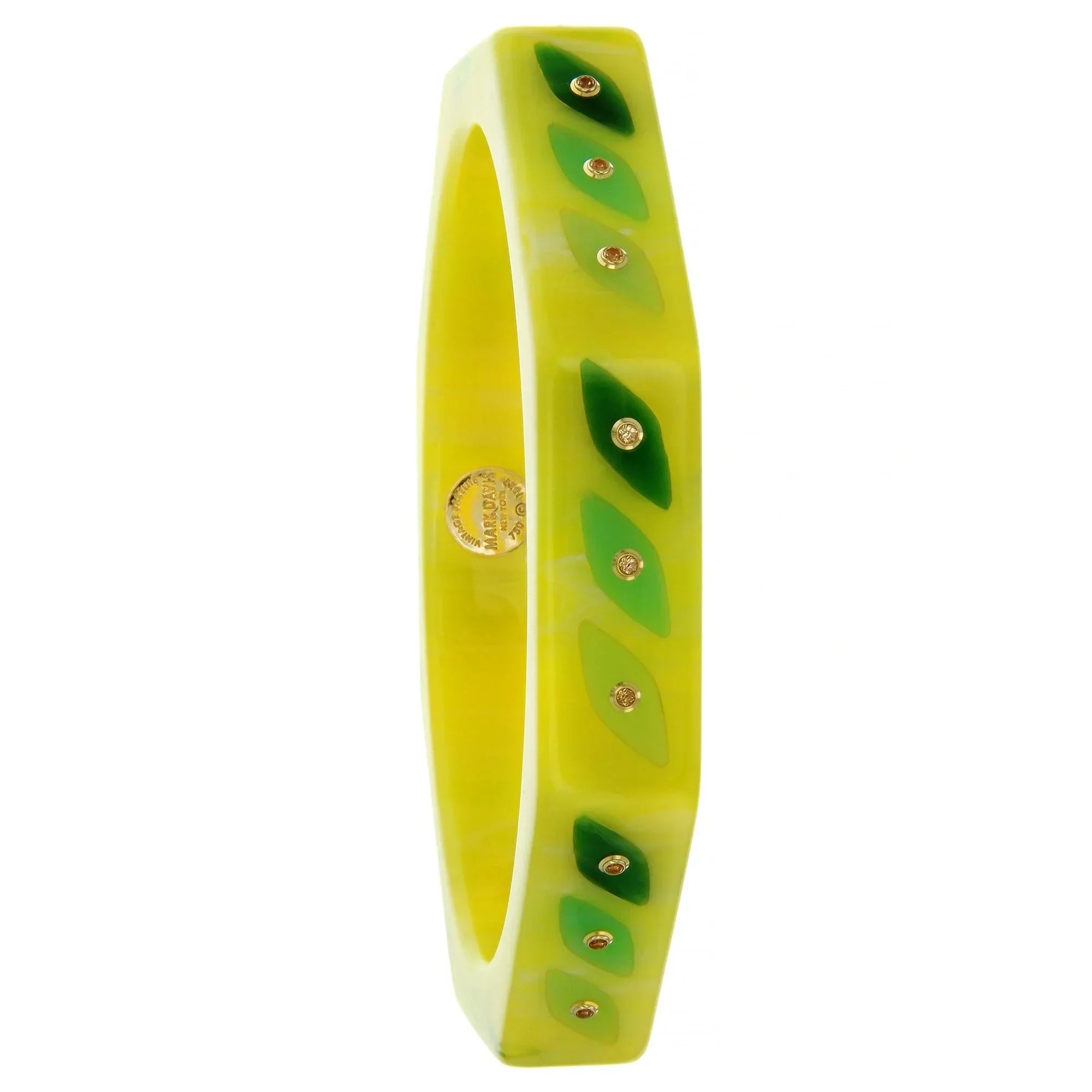 Linden Bangle | Bakelite bangle with an inlaid leaf shape pattern and stones.