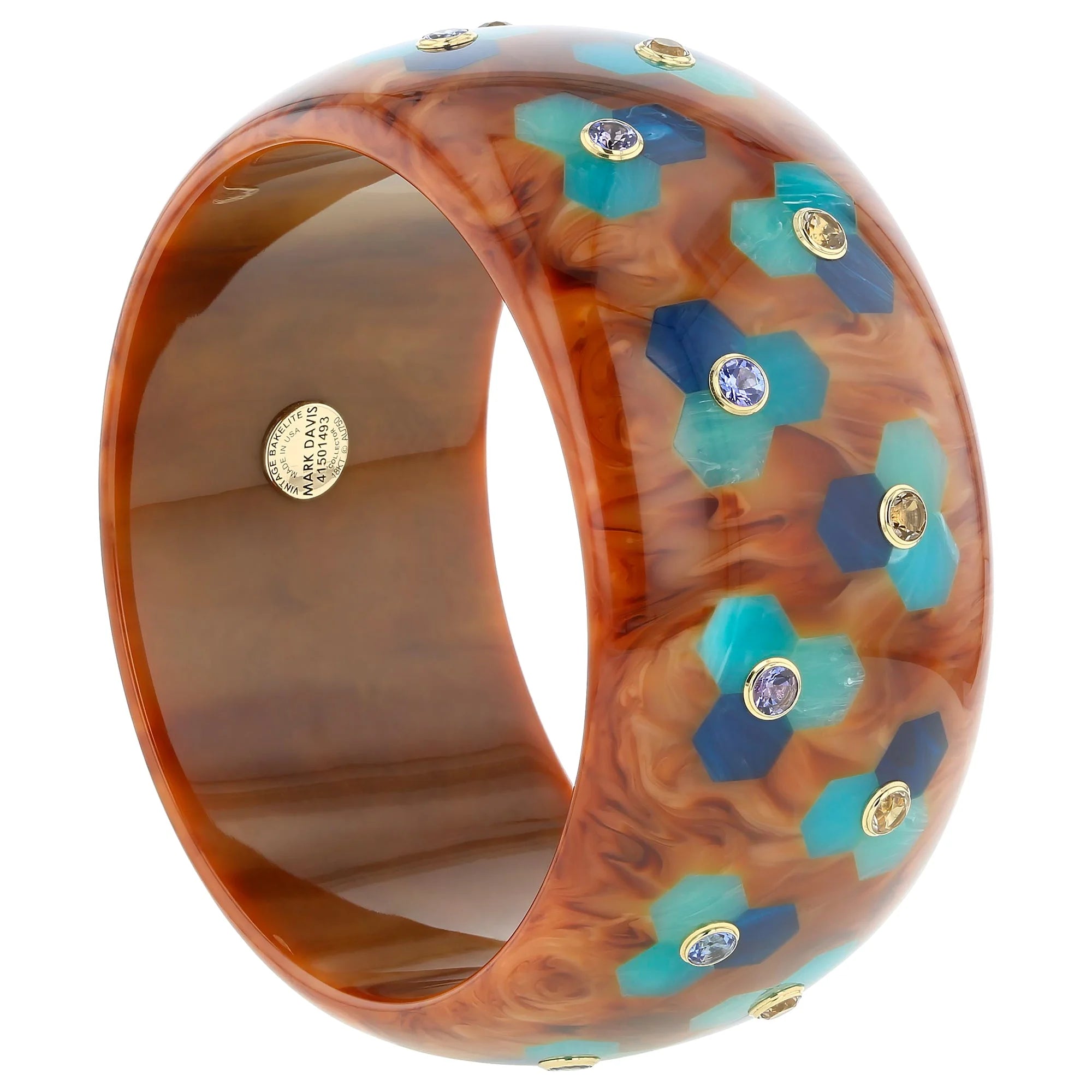 Molly Bangle | Marbled brown bakelite with inlay and stones.