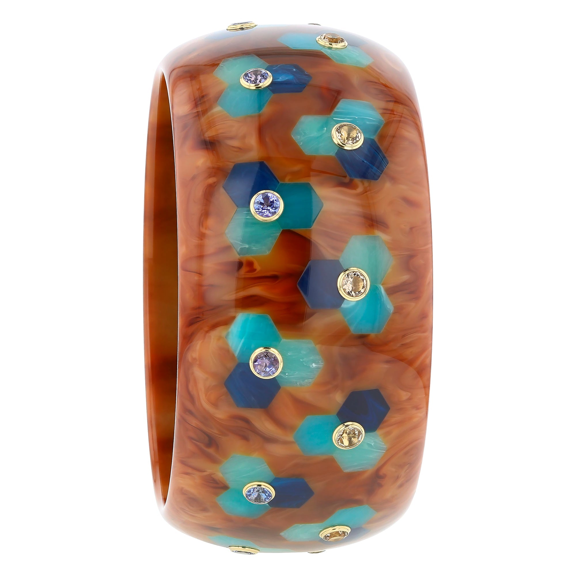 Molly Bangle | Marbled Brown Bakelite with Inlay and Stones.