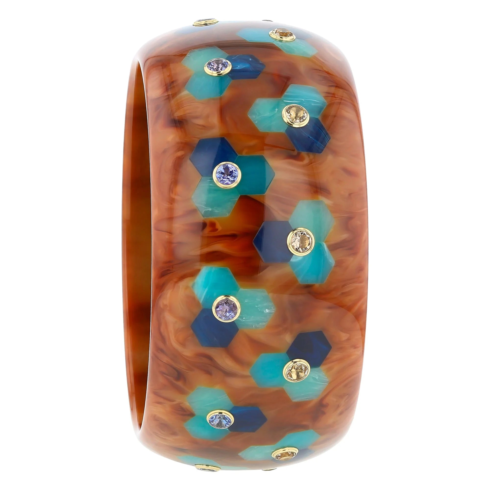 Molly Bangle | Marbled brown bakelite with inlay and stones.