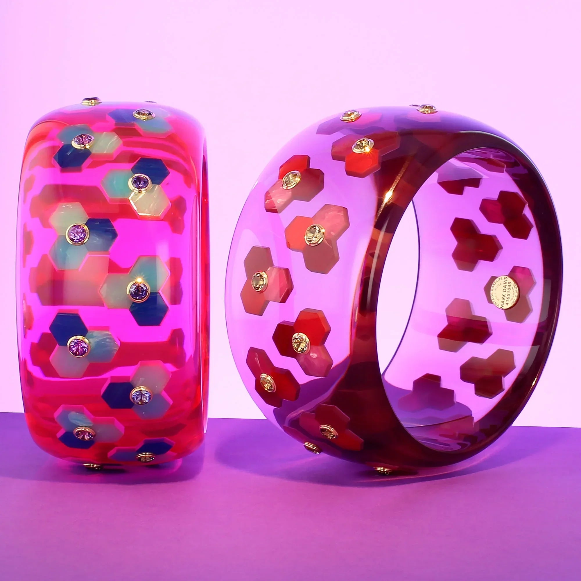 Molly Bangle | Pink Prystal bakelite with inlay and stones.