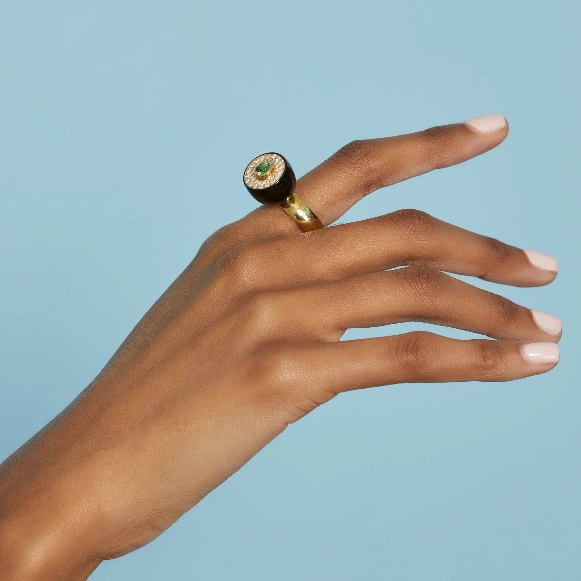 Monika Ring | Sculptural bakelite ring with stones and a gold band.