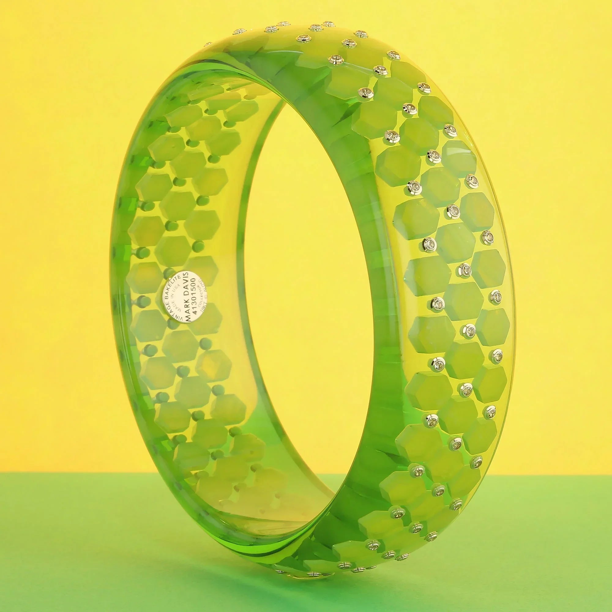 Nova Bangle | Green prystal bakelite with inlay and stones.