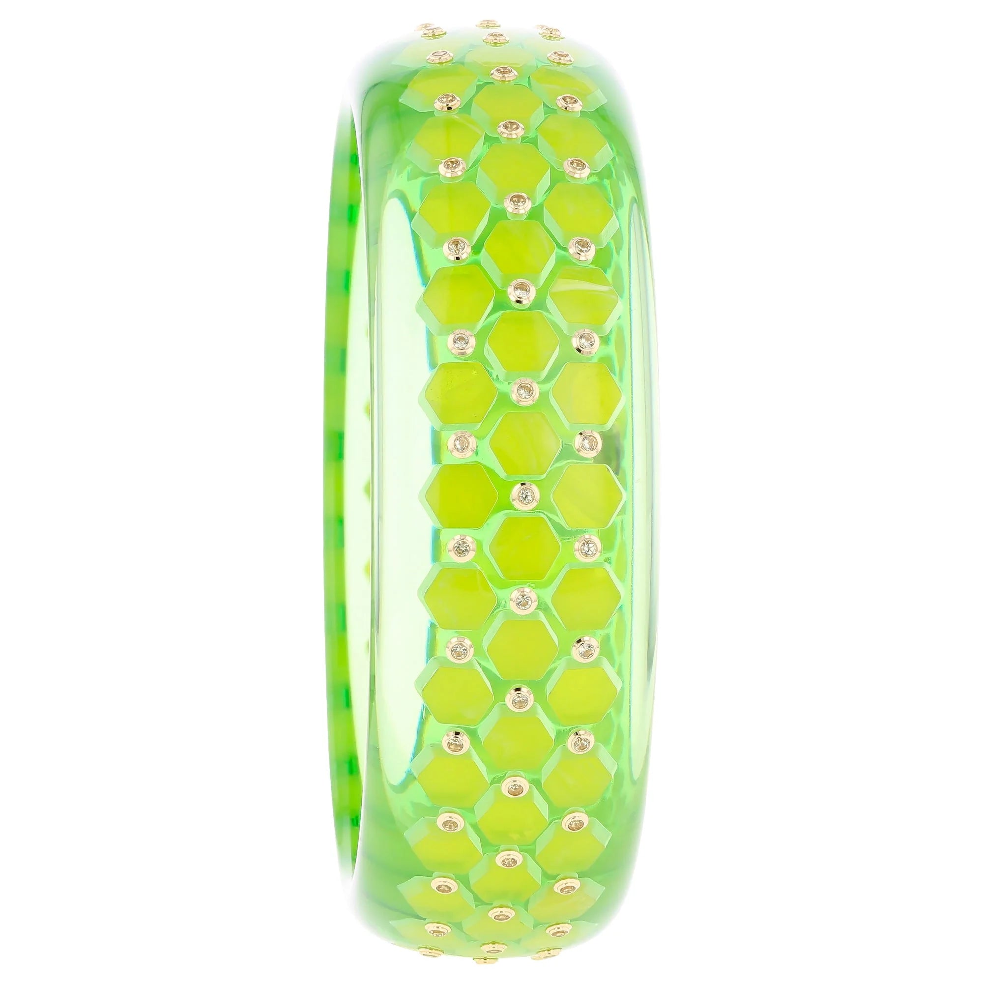 Nova Bangle | Green prystal bakelite with inlay and stones.