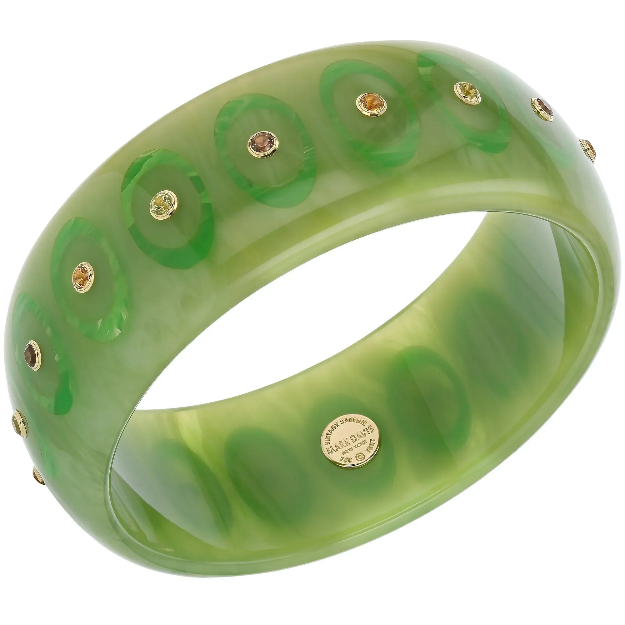 Olive Bangle | Moss green bakelite bangle with inlay and stones.